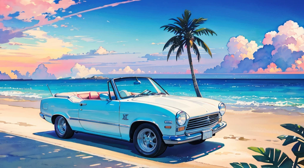 (watercolor), rainbow sky, big moon, beach, palm tree, white classic car, convertible