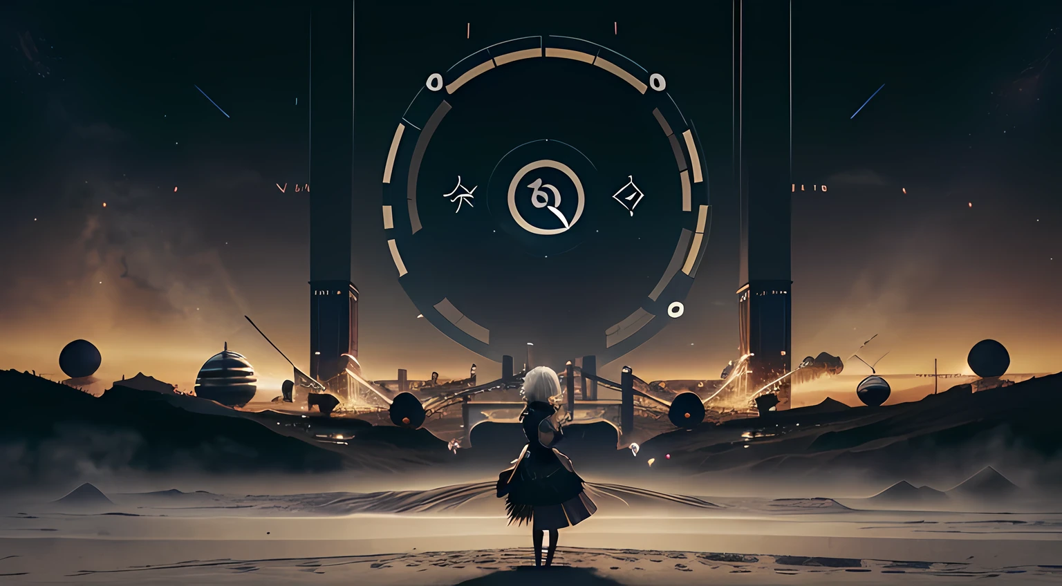 Create an attractive banner for my channel combining the essence of Nier 2B: Automata with musical symbols. Capture the mystique and elegance of 2B in a musical universe. Incorpore elementos como claves de sol, annotations, or other musical symbols seamlessly in the background, formando uma narrativa visual harmoniosa. Infunda o design com um ambiente celestial, reflecting the dual themes of games and music. Deixe o banner evocar curiosidade e entusiasmo, inviting viewers into a world where the beauty of 2B converges with the charm of music