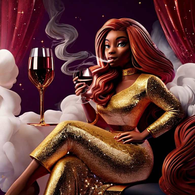 create a ultra realistic illustration of a beautiful african american woman wearing luxurious outfits with the colors silver and gold, the woman has long flowing copper hair holding a wine glass. sparkles and glitter, she is sitting inside of a gigantic wine glass sipping on wine with wine spilling over, smoke in background here you go .