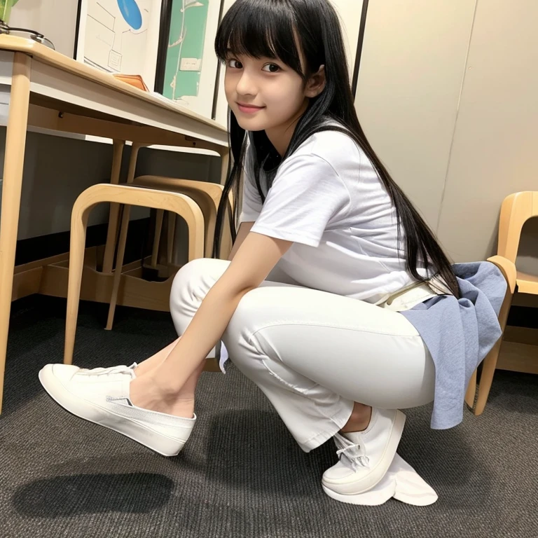 An ultra-high picture quality、Perfect Photo、Japan beautiful girl、、female high-school student、Slender body、Black hair Long hair、With bangs、Cute room、Own room、Sit on a chair、Black pleated mini skirt、Raised mini skirt、Stretch comfortably、Wearing only a plain white T-shirt、Gaze from the floor、Nokezoru、Adored expression、It hurts a lot、Dazzling、Looks very dazzling、((Stand up on one knee))、(Put one foot on the chair)、ankle、white sock、drawing knee up、raise her legs、(((The white pants are completely visible)))、from the front side、Do-up、(((Full view of the crotch)))、