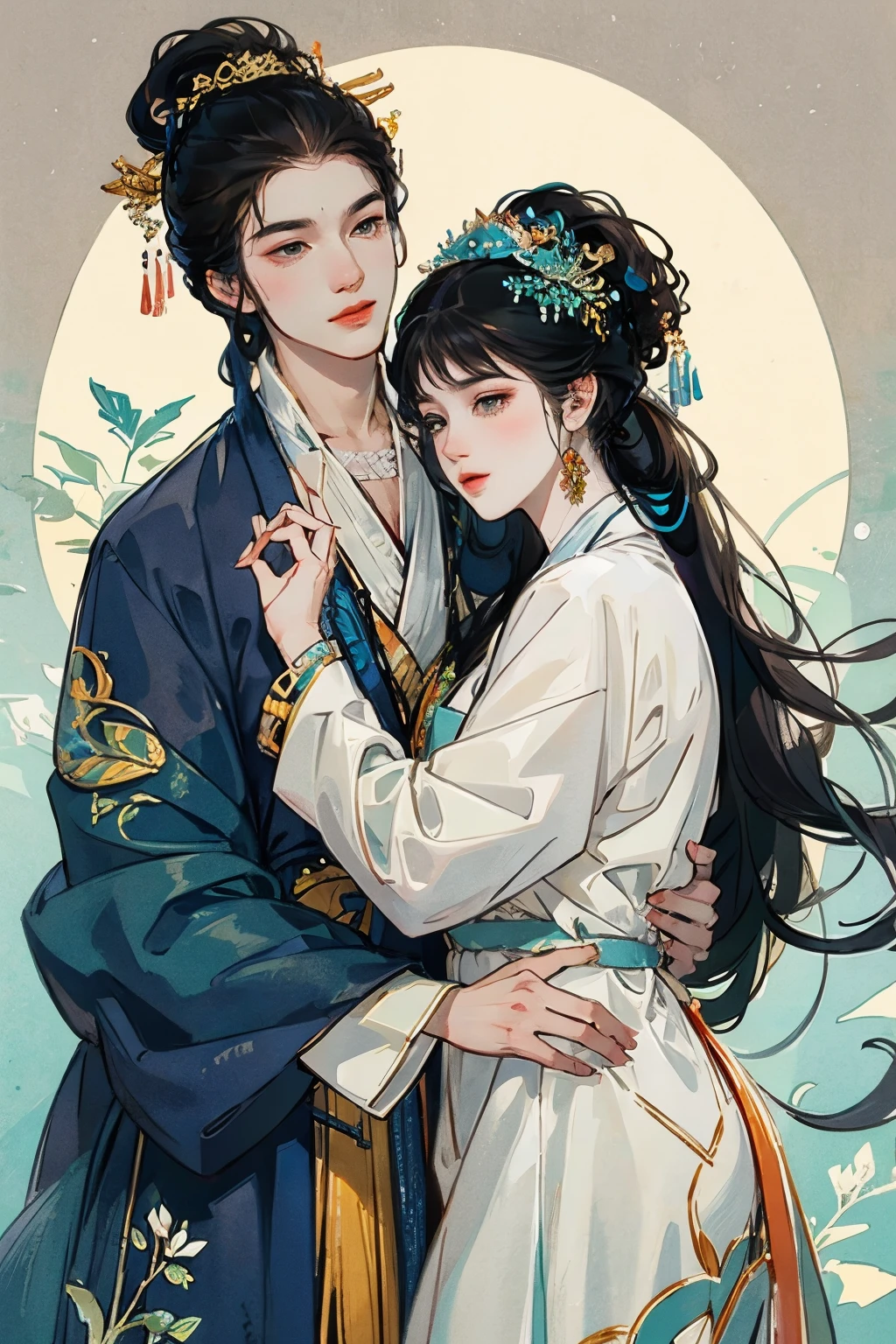 Ancient style man and woman hugging