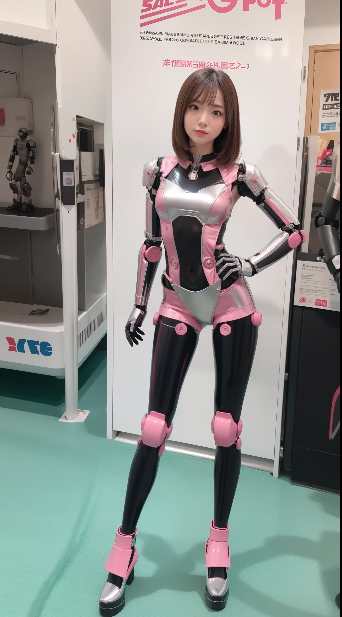 Robot Girl, pink there, Silver, Metallic body, Robot Parts, Metal Parts, Super Detailed Face, Super well-formed face, of the highest quality, a small face, small head, Brown hair, Slender body, Camera gaze, Internal Mechanical Exposure, Idol, front facing, Well-proportioned body, sale, Exhibited, Event Hall, Moe Pose, pink metallic princess dress machine armor, Standing with legs open, Model body type, sad, Embarrassing,(Perfect Robot Girl),(Perfect machine body)