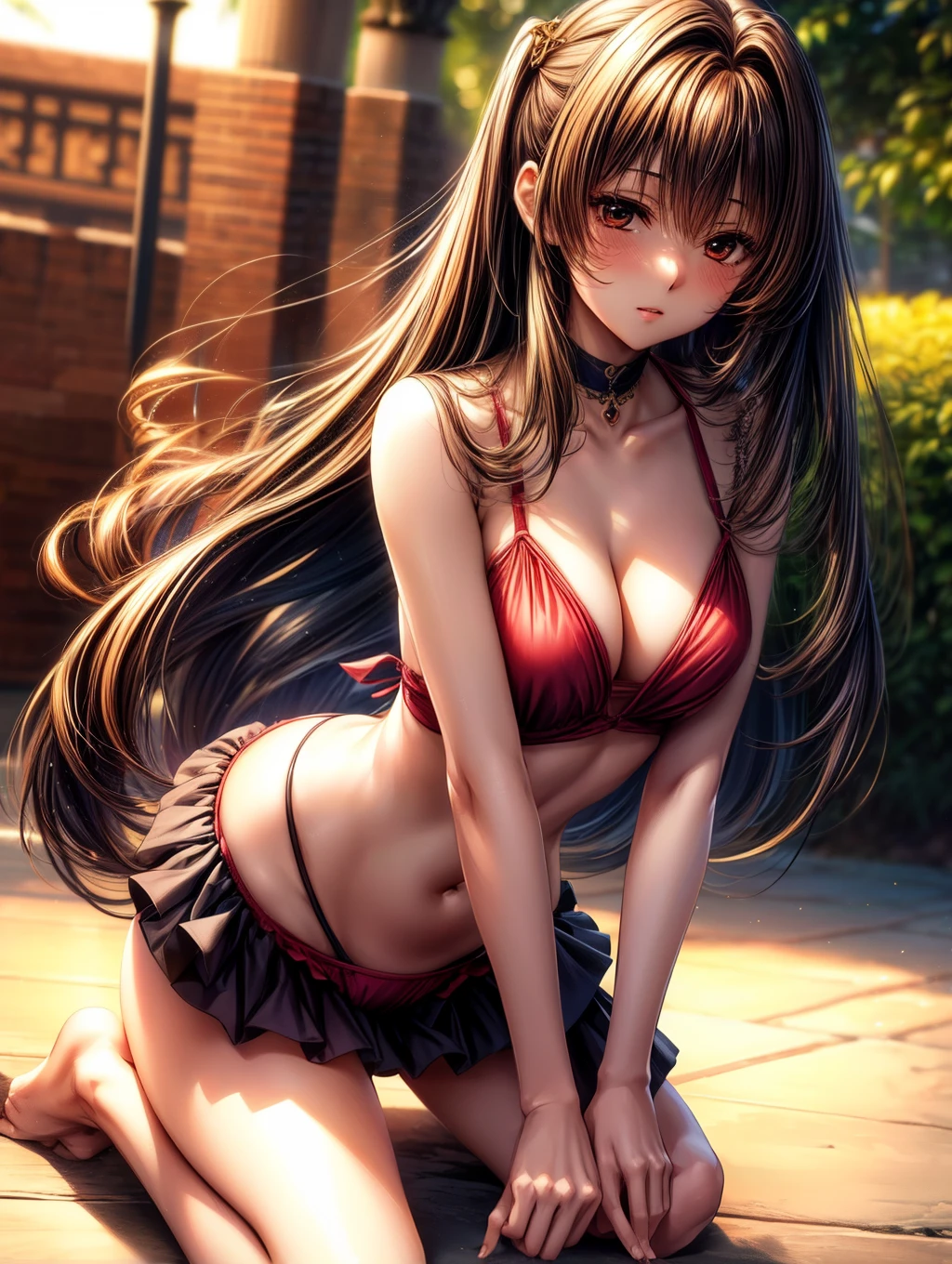 kurohime yuhi, (masterpiece:1.2), (Best quality at best:1.2), perfect eyes, s the perfect face, 1 Girl, Alone, Straight breasts,full body view, hi-res, 8K, Best Quality, large breast,beautiful girl,Beautiful face、dark brown haired、small brown eyes、Long Hair、18 years old,sexy pose,V shape swimsuit,bikini