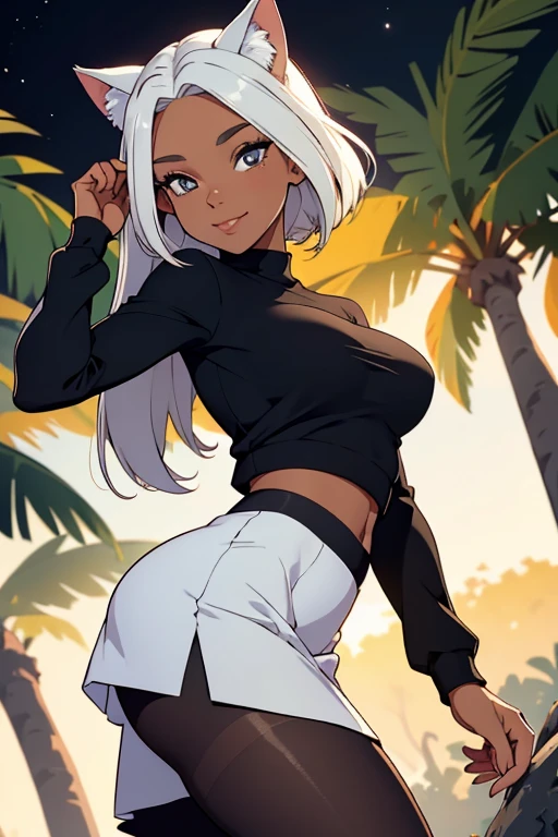 foto de corpo inteiro,cat ears on the head of a beautiful young woman wearing a short skirt, usando meias preta longas e sueter branco apertado,corpo inteiro na foto,floresta a noite varias luzes,belas coxas, coxas lindas belhos olhos verdes detalhados., sueter branco apertado,maio apertado , tight pantyhose, mini saia , ceu limpo a noite com estrelas numafloresta a noite,short curto linda jovem, olhos sedutores feminino.CABELO CURTO PRETO((CABELOS CURTO PRETO)) belos olhos , sorriso lindo