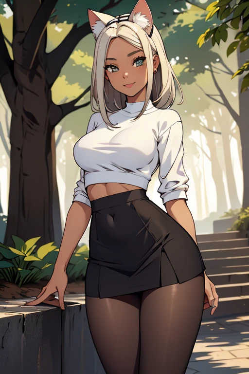 foto de corpo inteiro,cat ears on the head of a beautiful young woman wearing a short skirt, usando meias preta longas e sueter branco apertado,corpo inteiro na foto,floresta a noite varias luzes,belas coxas, coxas lindas belhos olhos verdes detalhados., sueter branco apertado,maio apertado , tight pantyhose, mini saia , ceu limpo a noite com estrelas numafloresta a noite,short curto linda jovem, olhos sedutores feminino.CABELO CURTO PRETO((CABELOS CURTO PRETO))
belos olhos , sorriso lindo