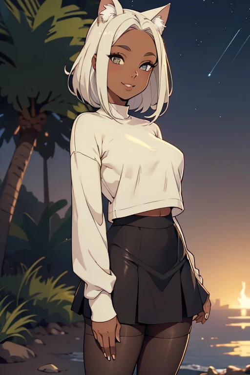 foto de corpo inteiro,cat ears on the head of a beautiful young woman wearing a short skirt, usando meias preta longas e sueter branco apertado,corpo inteiro na foto,floresta a noite varias luzes,belas coxas, coxas lindas belhos olhos verdes detalhados., sueter branco apertado,maio apertado , tight pantyhose, mini saia , ceu limpo a noite com estrelas numafloresta a noite,short curto linda jovem, olhos sedutores feminino.CABELO CURTO PRETO((CABELOS CURTO PRETO))
belos olhos , sorriso lindo