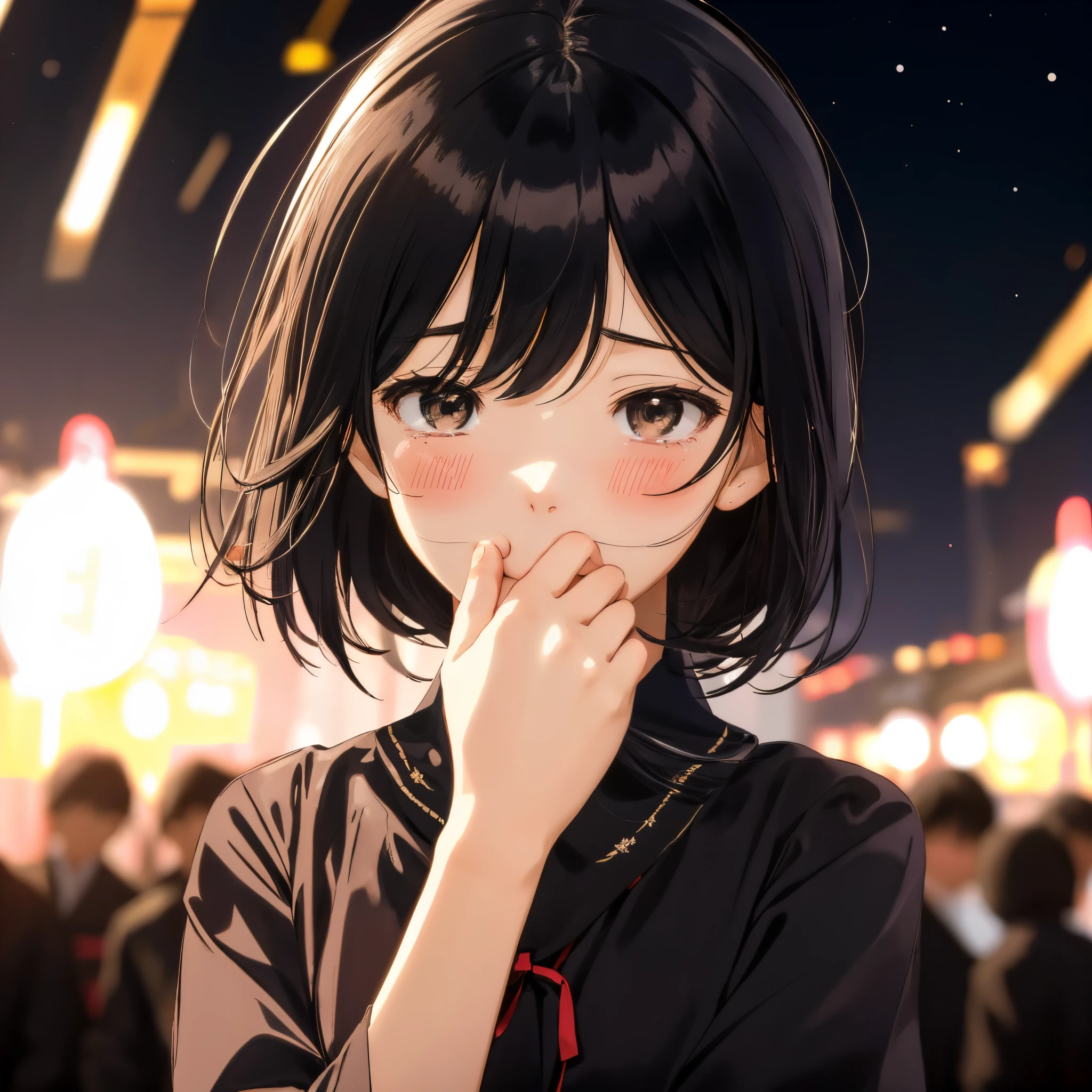 (hand covering mouth))in the style of Chi no Wadachi, manga style, a girl wearing a school uniform reaching hand, crying, distraught face, surrounded by darkness, black hair, her face scribbled out, ((wide shot)), ((centered)), ((distanced)), ((in the distance surrounded by darkness)), head tilted up, perfect (hand over mouth))