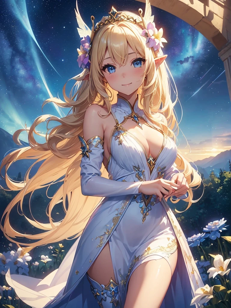 top-quality、Top image quality、masterpiece、Super beautiful fairy girl((24 year old、Best Bust、big bast、Bust 90,Beautiful blue eyes、,Blonde long hair、A slender、a closeup、Esbian、beautiful tiara、hiquality、Beautiful Art、Background with((starrysky)))masutepiece、visualart、depth of fields、low angle of morning sky、、Elven ears、、light magic、kosmos、mid night、harp melody🎵、Happy smile、Gentle light、、Beautiful skins、beutiful breast、beautiful foot、welcome、、accurate fingers、Exact finger count、ticker beautiful dress、elegent、Mystical flower gardens、flower field、Marble pillars、Beautiful dress、are flying、fairy wings(butterflys々Feathers of)light to the world!
