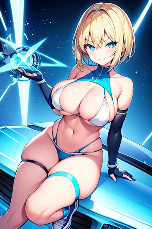 1girl, large breasts, breasts, thick thighs, wide hips, blonde hair, very short hair, short hair, blue eyes, bikini, white bikini, neon trim, blue neon trim, smile, smirk, smug, machinery, futuristic, science-fiction, tech, shoes, sneakers, blue neon trim, blue trim, v-string, race queen, car, sports car, sport car, motor vehicle