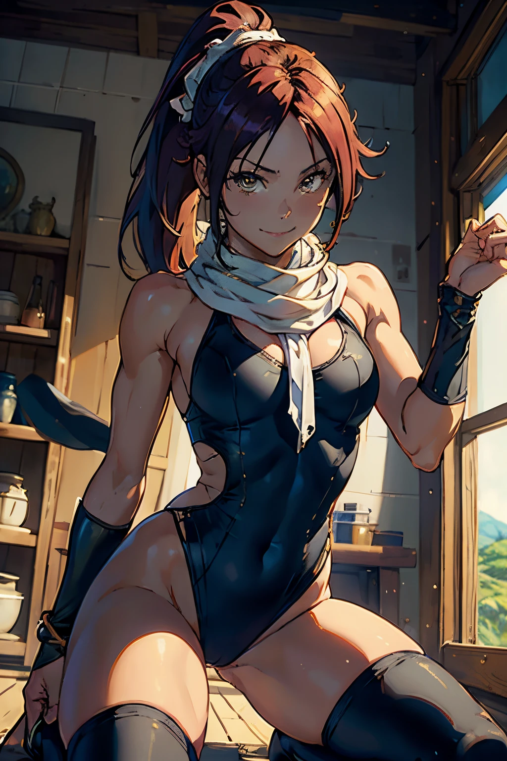 (masterpiece, best quality:1.2), cowboy shot, solo, 1girl, shihouin yoruichi, smile, looking at viewer, ponytail, leotard, thighhighs, white scarf, kneeling