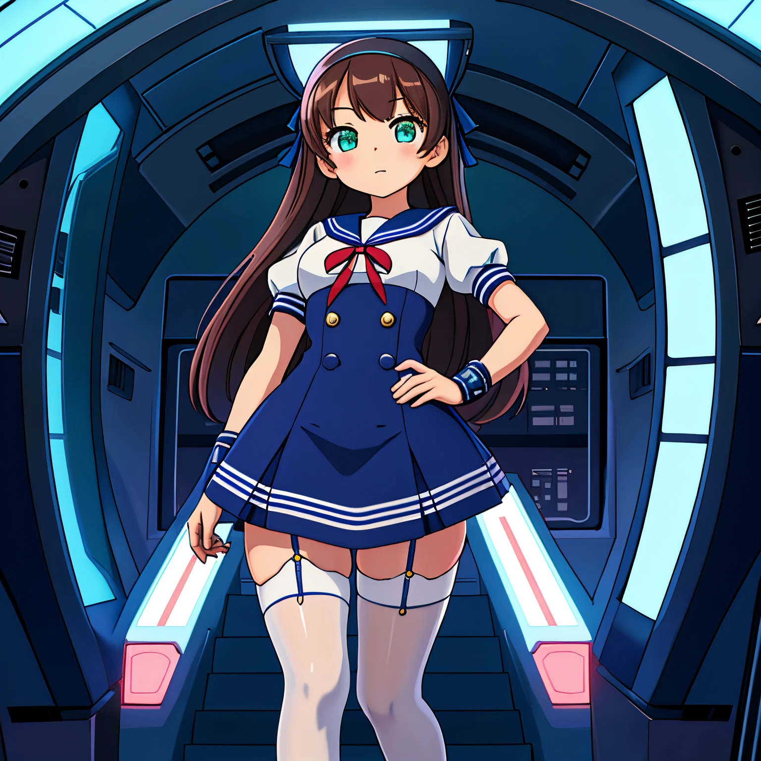 A cute 15 years old japaneese girl, drawn in anime style, futuristic, Y2K aesthetic, sci-fi, jade green eyes, long brown hair, ribbon headband, small breast, white and blue futuristic sailor ****ta dress with puffy sleeves, red ribbon, navy blue pantyhose, school shoes, school bag, school crest, standing in high tech futuristic classroom, highly detailed, 4K.