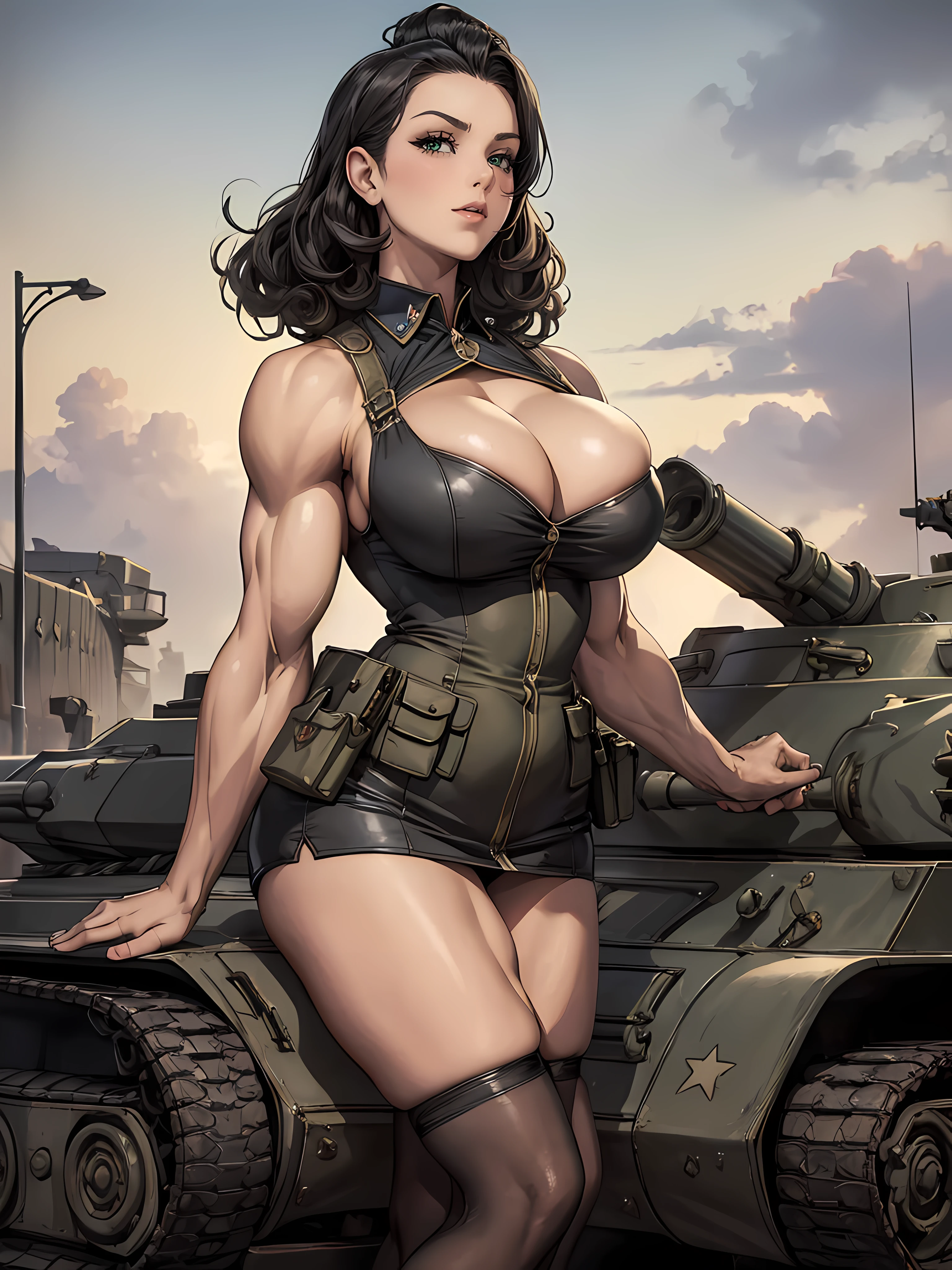 (masterpiece, top quality, best quality, official art, beautiful and aesthetic:1.2), (1girl:1.3), black hair victory curls, vintage 1940's American hairstyle, extremely detailed, portrait, looking at viewer, solo, (full body:0.9), detailed background, close up, vintage makeup, retro style, (warm summer military base theme:1.1), pinup girl, elegant face, long face, charlatan, smirk, mysterious, posing on top of a tank, patriotic costume, star spangled costume, high heels, legs, M4 Sherman tank, WWII tank, armored vehicle, (((huge breasts))), toned, slim waist, slim hips, long legs, muscular legs, historical (WW2 army base exterior:1.1) background, dark mysterious lighting, shadows, magical atmosphere, dutch angle, ((((huge muscles))))