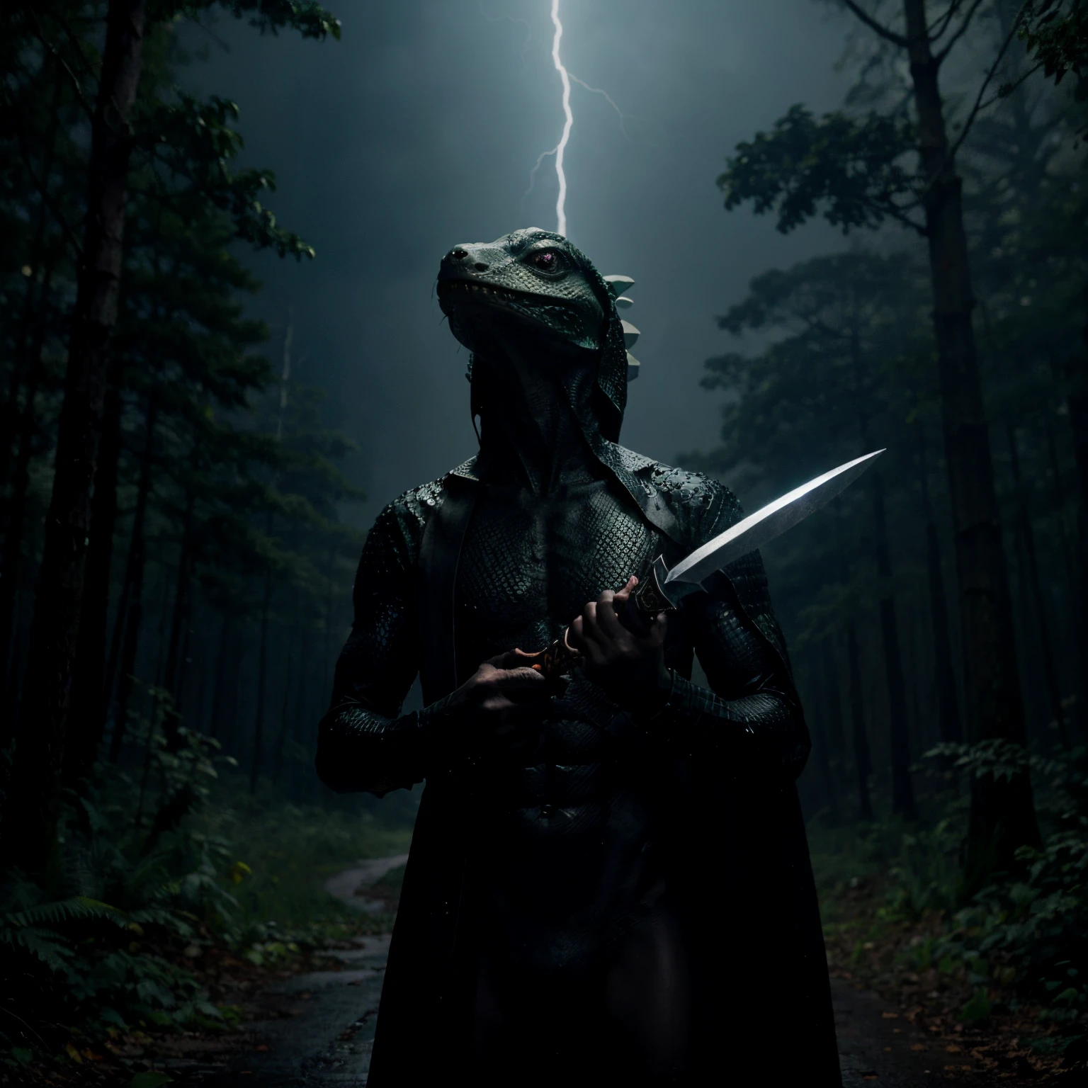 A shadowy lizard-humanoid in a rainy forest holding a dagger to the sky as it is struck by lightning