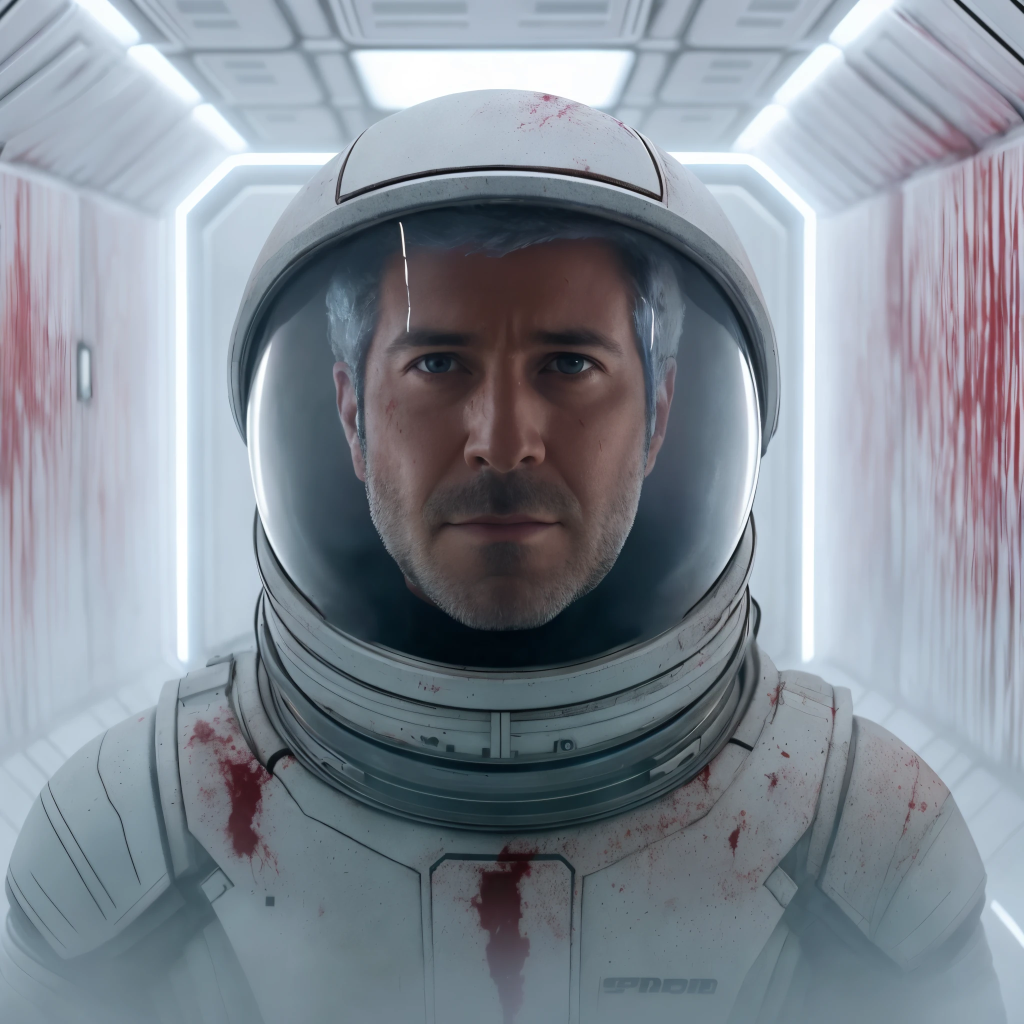 arafed man in a space suit with blood on his face, highly detailed vfx portrait of, 8 k movie still, from a 2 0 1 9 sci fi 8 k movie, highly detailed vfx portrait, dramatic sci-fi movie still, movie still 8 k, in spacesuit, sci-fi cinematic movie still, in a space horror setting