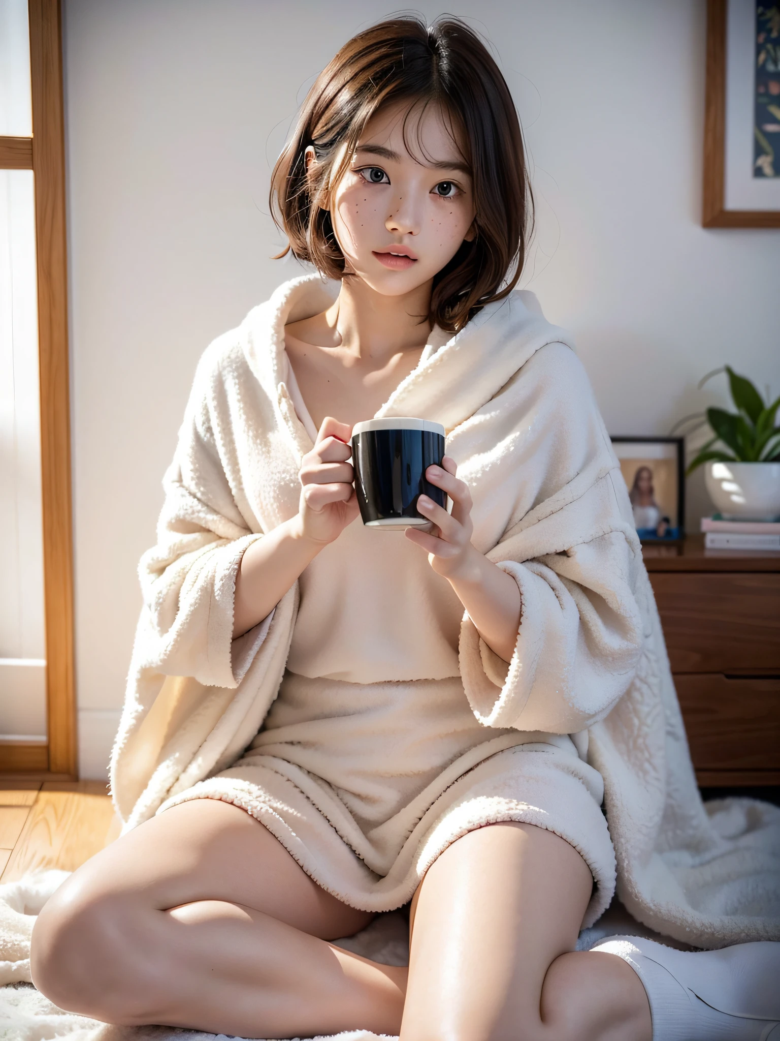 Cute woman wrapped in a fluffy blanket、((25-years old))、japanes、sitting on、1 girl in、Japanese narrow studio apartment、Hold a ceramic coffee cup with both hands、viewer is looking down、a picture、35mmfilmg、Sleepy face、short-hair、waved hair、disheveled hair、Fix、no-makeup、Plump lips、Detailed finger、real looking skin、Spoiled face、I have a few freckles,((Girl sitting,wariza)), Detailed legs