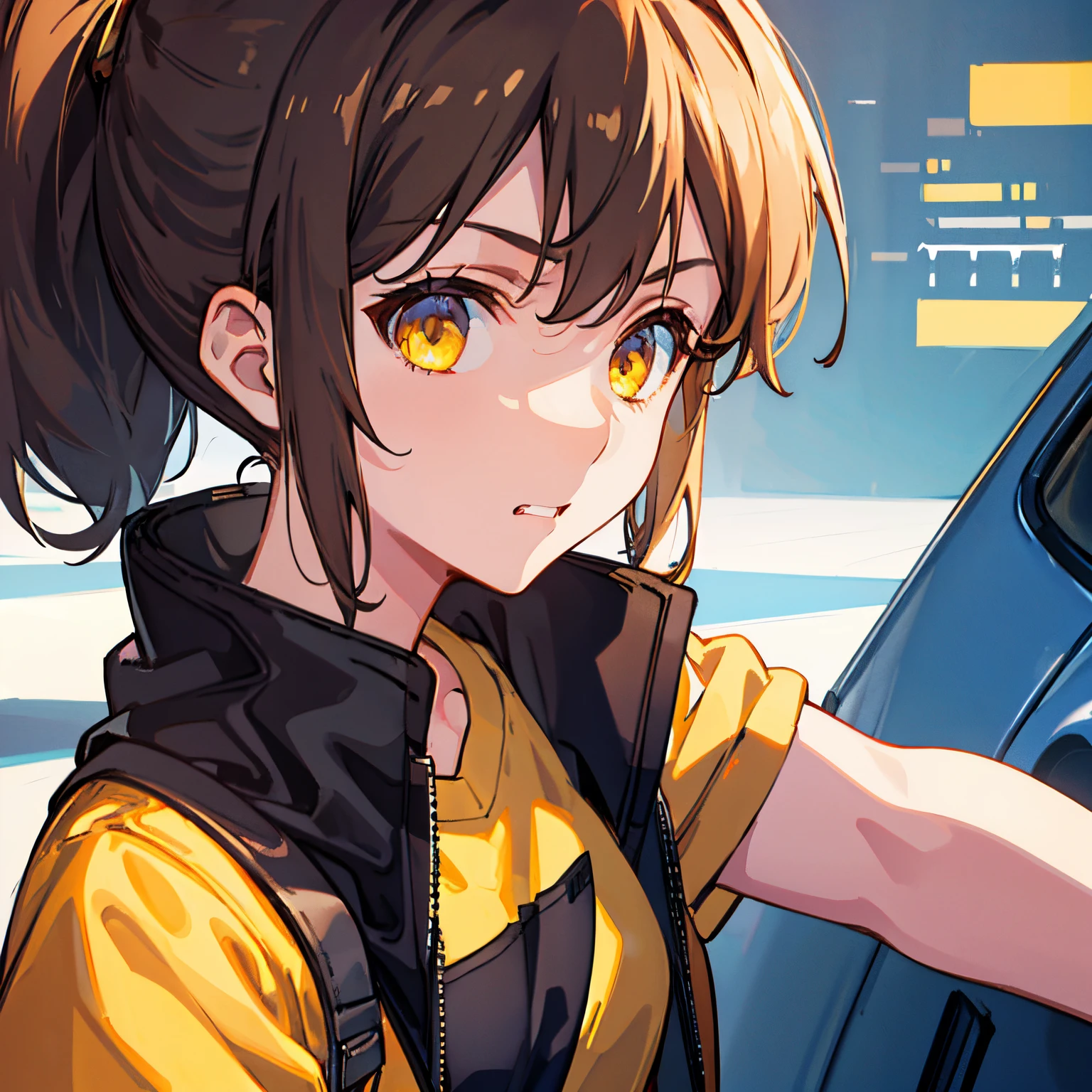 1girl,  ponytail hairstyle, light brown hairs, yellow eyes, wearing schools girl inform, denim shorts, city, absurdres, high res, ultrasharp, 8K, masterpiece, looking at viewer, angry face, beautiful eyes,