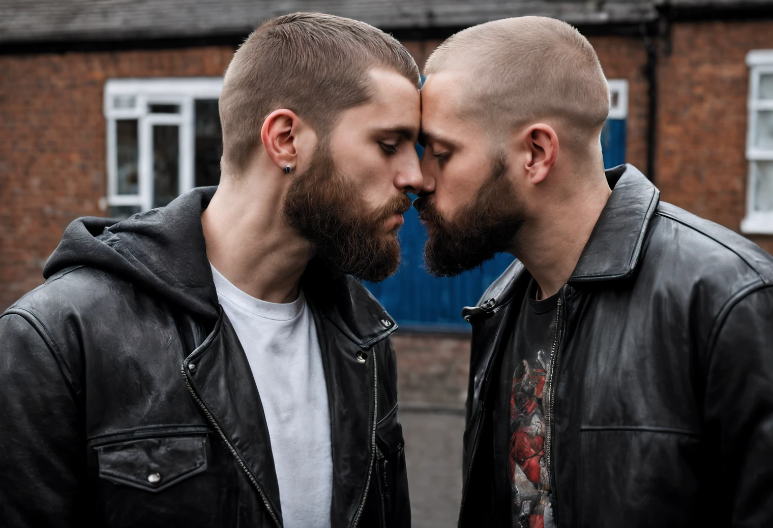 forbidden love, masterpiece, best quality, 2boys, adult males, beards, chavs, rough, dirty, Mancunian, mean, bullies, druggies, skinheads, in the neighbourhood, , soft kiss , realistic, dramatic lighting, atmospheric, intricate detail,