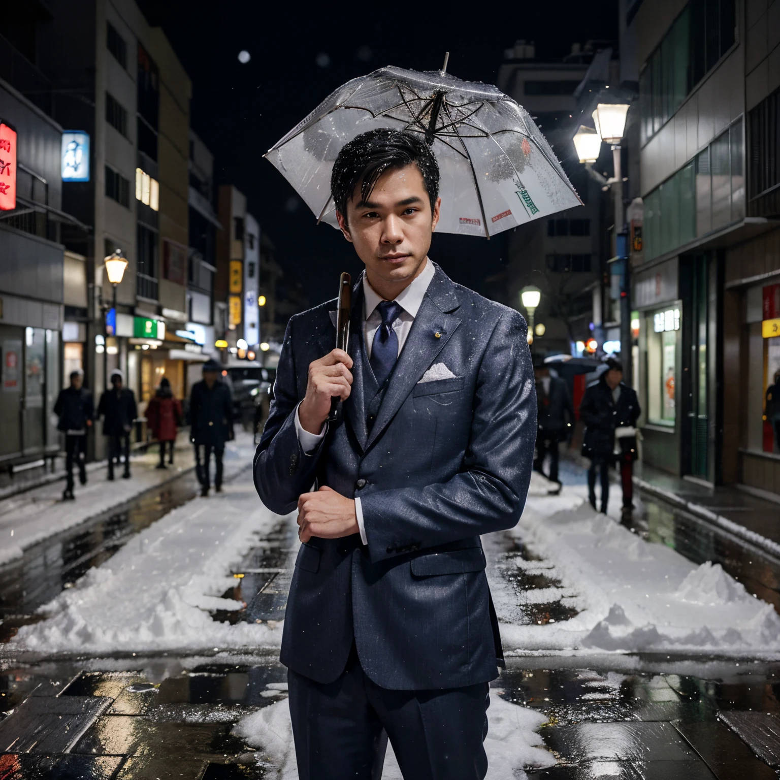Make a male around 5’11 in Toyoko Japan, with a fancy suit staring at a chrismas tree shining bright, he holds an umbrella as it snows. people are playing with the snow in the background.