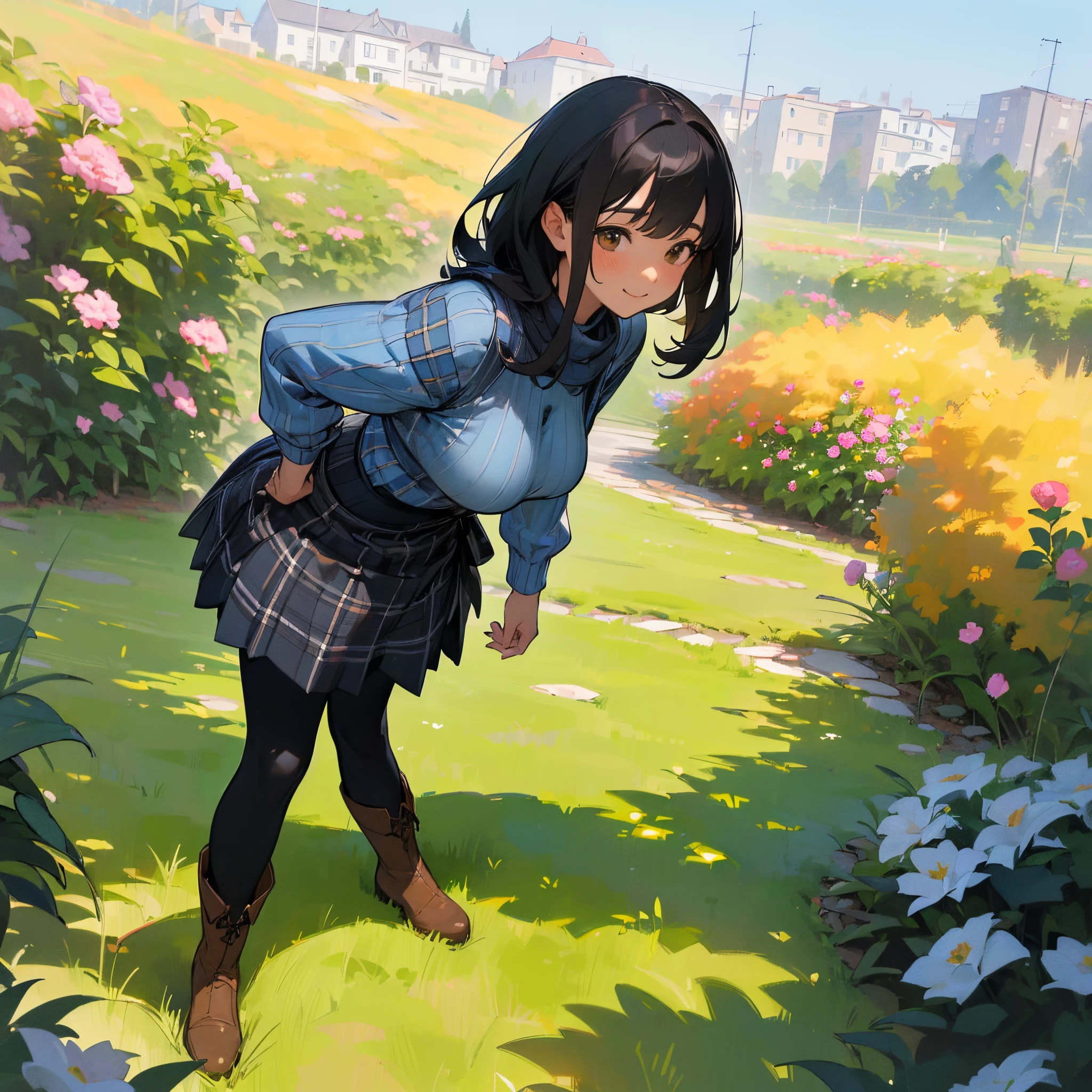 (High quality, High resolution, Ultra-detailed, Realistic:1.37), peaceful ambiance, (plein air, garden), age girl standing alone, (My breasts are big.), Beautiful detailed features, Cute smile, (Black bob hair), Ribbed sweater, blue plaid skirt, Black tights, Brown boots.