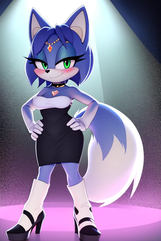 Krystal the fox, starfox, blue fox, 2D illustration, 1.2, solo, perspective, medium breast, bare shoulders, embarrassed smile, blue fox tail, totally blushed, nervous, looking at the viewer, green eyes, black choker, seductive gaze, strapless, short black dress, black pencil skirt, black high heels, Nightclub, neon lights, standing, hands on hips.