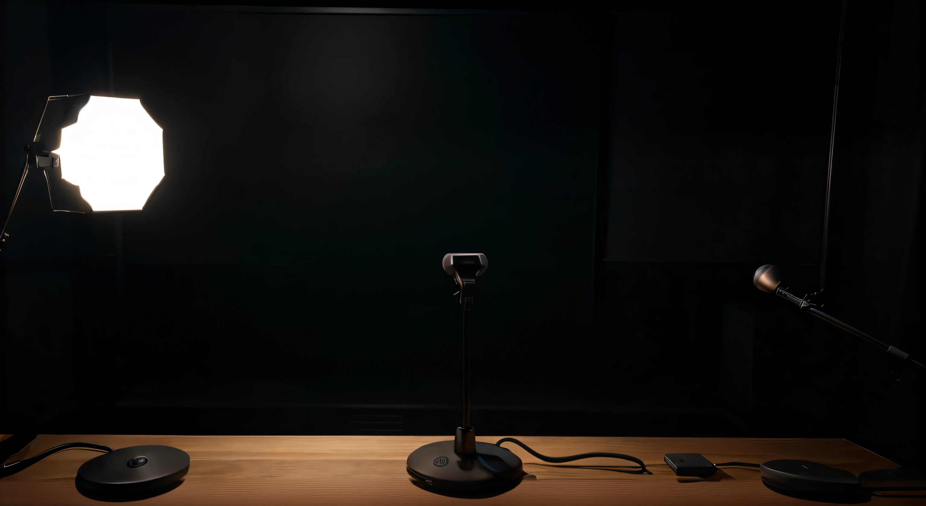 there is a light that is on a table in the dark, in a dark studio room, in front of a black background, taken with sony a7r camera, standing with a black background, captured on canon eos r 6, dark setup, table with microphones, sitting in front of a microphone, on a black background, the background is black