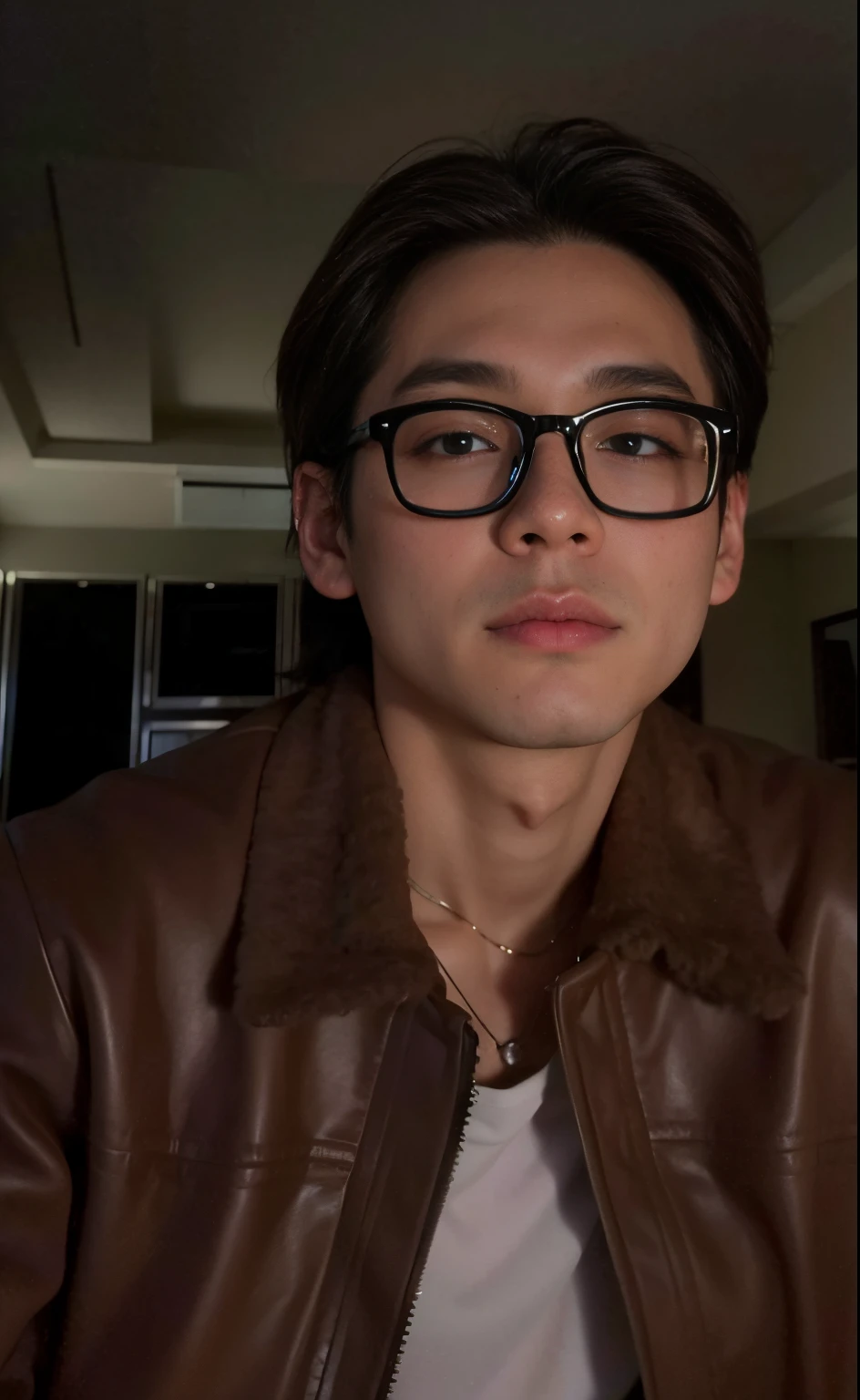 there is a man wearing glasses and a brown jacket, Bonito Chad Chin, Jimin\'s right eyelid swollen, christopher cao, Jimin\Plump lips, XQC, Jung Jaehyun, foto de perfil headshot, Jimin\Nariz grego, imagem de qualidade muito baixa, andrew thomas huang, With eye Glasses, foto de perfil, Rosto Jimin preciso, Rick Dai