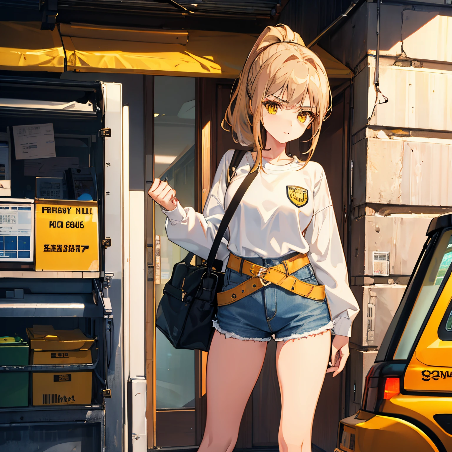 1girl,  ponytail hairstyle, light brown hairs, yellow eyes, wearing schools girl inform, denim shorts, city, absurdres, high res, ultrasharp, 8K, masterpiece, looking at viewer, angry face, beautiful eyes,