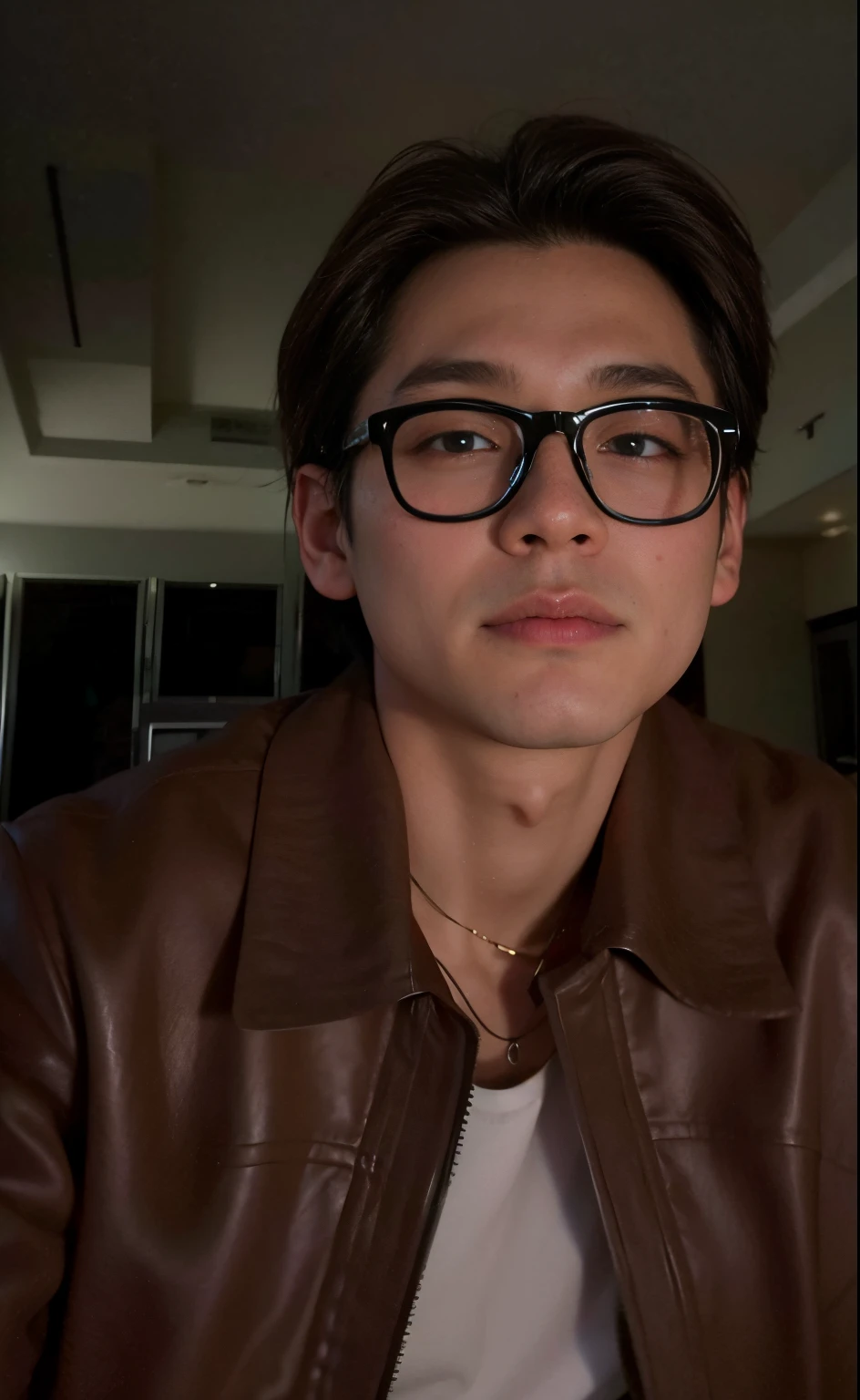 there is a man wearing glasses and a brown jacket, Bonito Chad Chin, Jimin\'s right eyelid swollen, christopher cao, Jimin\Plump lips, XQC, Jung Jaehyun, foto de perfil headshot, Jimin\Nariz grego, imagem de qualidade muito baixa, andrew thomas huang, With eye Glasses, foto de perfil, Rosto Jimin preciso, Rick Dai