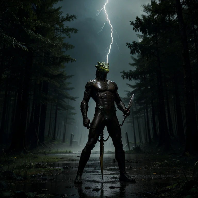 Shadowy Lizardman standing in a rainy forest pointing a dagger to the sky as the dagger is struck by a bolt of lightning