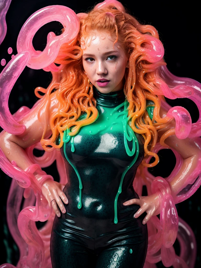 (full body shot, ultra-detailed, best quality, photorealistic:1.37, 4k, realistic, photography, female, curly redhead, dressed with jelly, slime, fluid, dense fluid, wet, neon lights, iconic pose, very dark, low key, detailed facial features, pink fog, vibrant colours, slime background, 35mm)