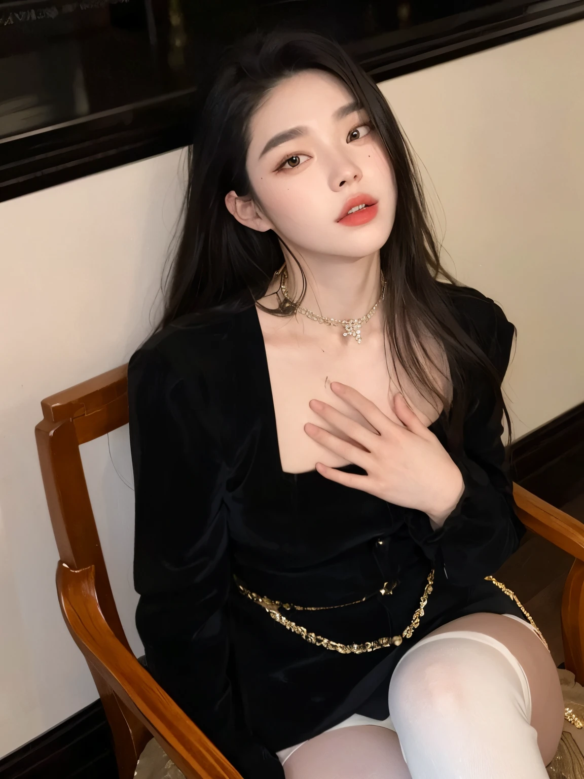 There is a woman sitting in a chair with a necklace on, cruel korean goth girl, Heonhwa Choe, Jinyoung Canela, Xianxia de corpo inteiro, Ulzzang, Jaeyeon Nam, ela tem cerca de 1 6 anos de idade, coreana, Gongbi, jia, ela tem cerca de 2 0 anos, ela tem cerca de 20 anos