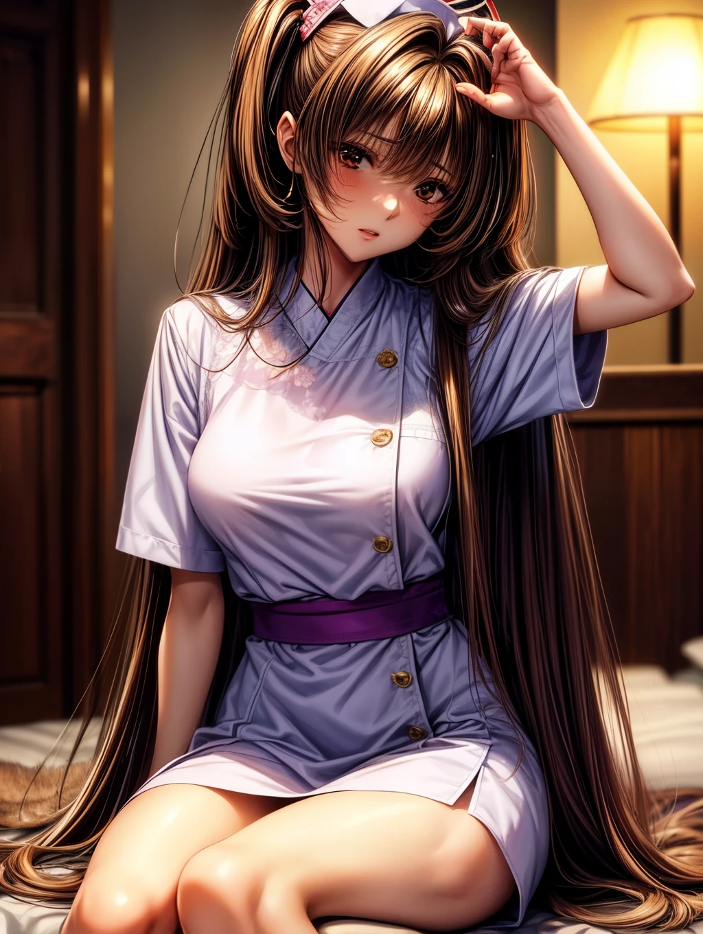 kurohime yuhi, (masterpiece:1.2), (Best quality at best:1.2), perfect  eyes, s the perfect face, 1 Girl, Alone, Straight hair，full body view, hi-res, 8K, Best Quality, large breast，beautiful girl，Beautiful face、dark brown haired、small brown eyes、Long Hair、18 years old，sexy pose，nurse costume，hospital background