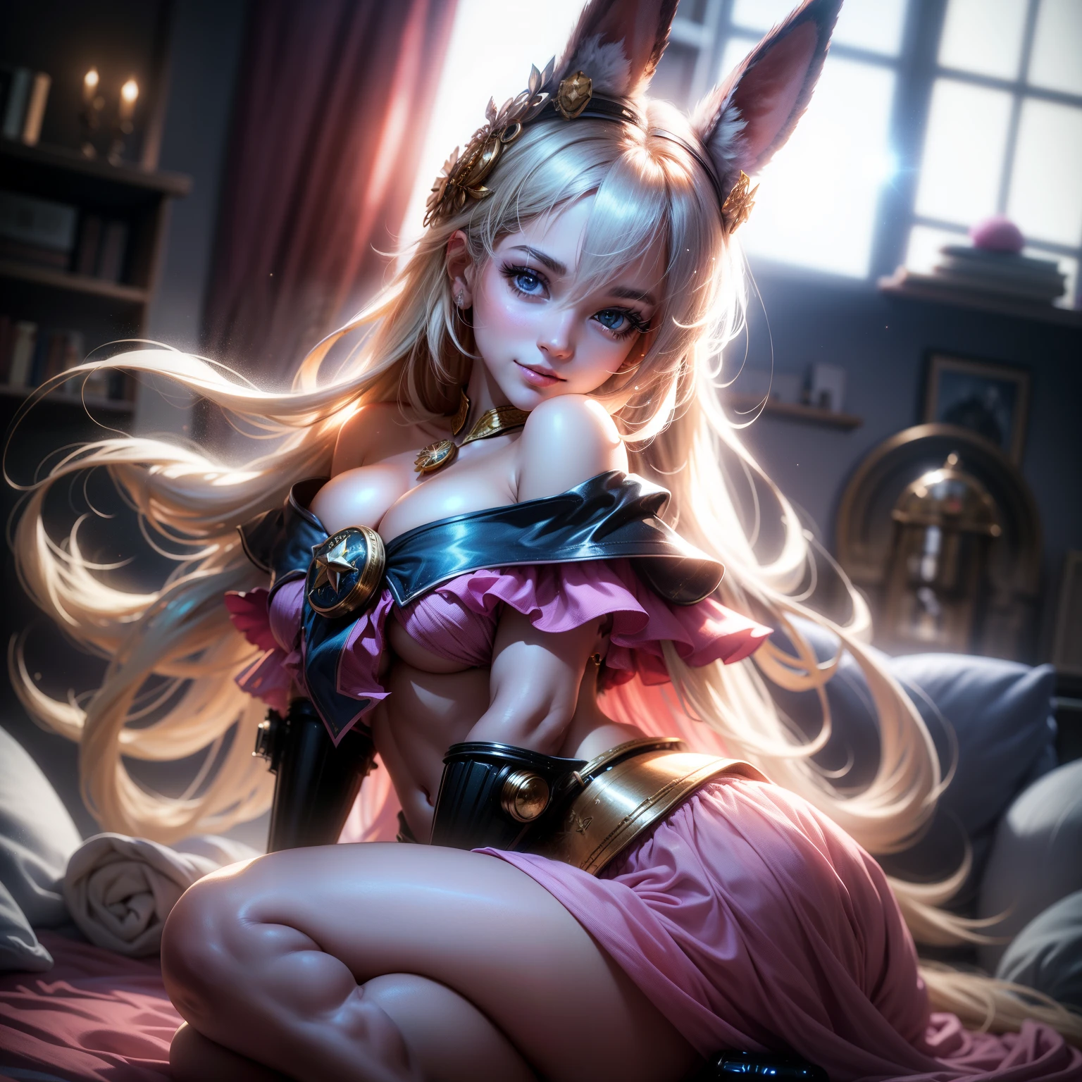 28 year old beauty,Rabbit Ears usa ropa interior adornada con piel blanca,He looks back playfully,El cabello y su esponjosidad,Los ojos son grandes,Divirtiendo,Looking at the camera directly,mejor calidad, tmasterpiece, A high resolution, Estar rojo en la cara, (sonrisa seductora:0.8), Pupilas de bule en forma de estrella, efecto Tyndall, realista, borde iluminado, TwoToneLighting, (HighDetailskin:1.2), 8k UHD, digital SLR camera, soft illuminaotion, alta calidad, volumetric illumination, franqueza, phtograph, A high resolution