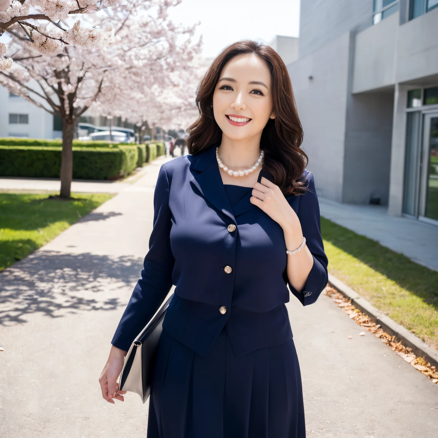((masutepiece、top-quality、Top image quality、in 8K、Award-Winning Works))、(very bright and saturated:1.1)、(very refreshing atmosphere:1.1)、(1人の女性、40 years、Old face、A MILF、Wrinkles on the face、Biggest smile、Ceremony Suit、Navy jacket、Wrinkles at the corners of the eyes、nasolabial folds、Formal blouse、long  skirt、Skirt without folds、(Classy plain tote bag:1.2)、(Perfect Pearl Necklace:1.2)、(Classy brooch:1.1)、(Classy corsage:1.1)、(The background is a rectangular school building with four floors:1.3)、(Modern 4-storey rectangular building:1.3)、(Reinforced concrete rectangular school:1.2)、(Clean square window glass:1.1)、(new and beautiful school:1.1)、clear beautiful blue sky、Beautiful wavy hair、Hair swaying in the wind、refreshing sunshine、many cherry blossom trees in full bloom、Perfect makeup、View me、Biggest smile、Upper body photo、Slimed、large full breasts、Emphasize the bulge of the chest、super-fine、abundant hairline、Detailed and complex background、Perfect Anatomy