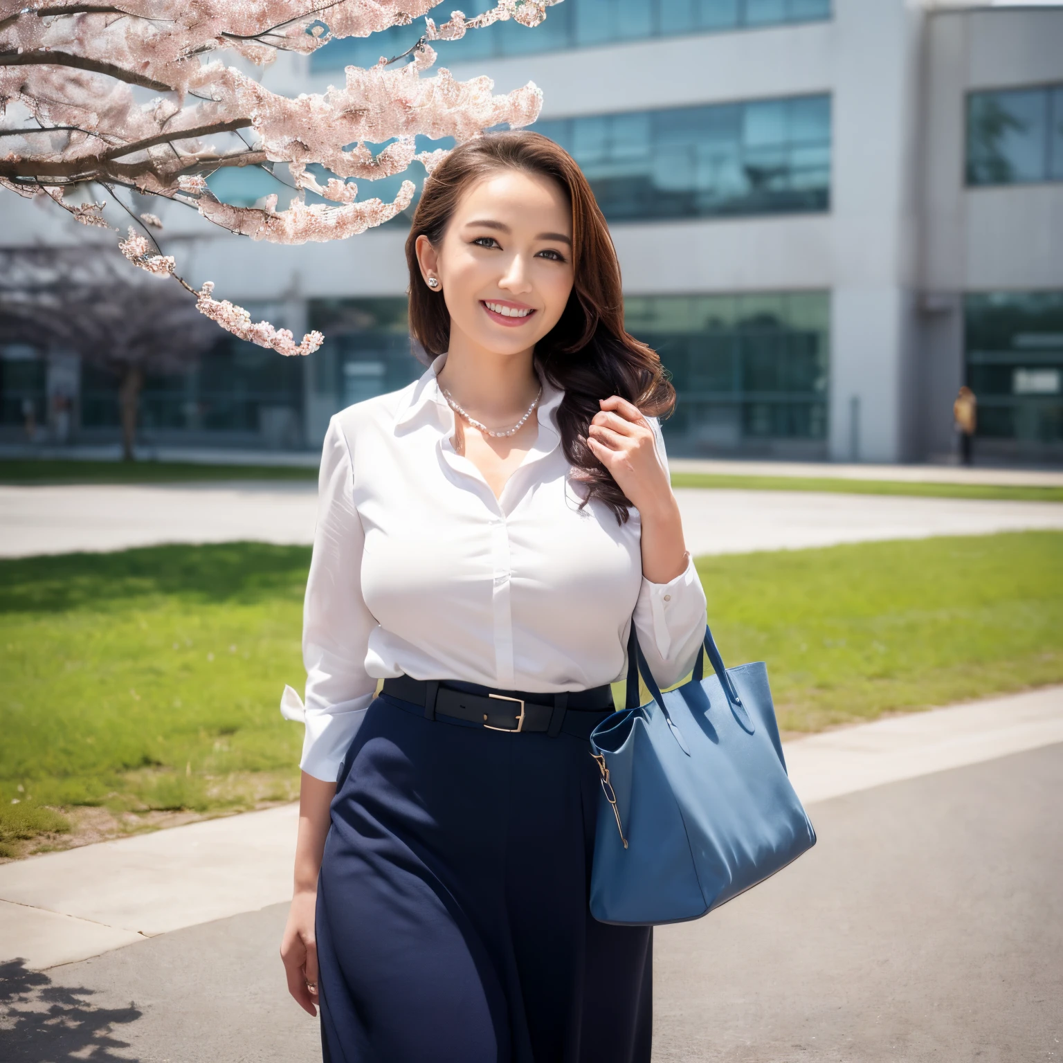 ((masutepiece、top-quality、Top image quality、in 8K、Award-Winning Works))、(very bright and saturated:1.1)、(very refreshing atmosphere:1.1)、(1人の女性、40 years、Old face、A MILF、Wrinkles on the face、Biggest smile、Ceremony Suit、Navy jacket、Wrinkles at the corners of the eyes、nasolabial folds、Formal blouse、long  skirt、Skirt without folds、(Classy plain tote bag:1.2)、(Perfect Pearl Necklace:1.2)、(Classy brooch:1.1)、(Classy corsage:1.1)、(The background is a rectangular school building with four floors:1.3)、(Modern 4-storey rectangular building:1.3)、(Reinforced concrete rectangular school:1.2)、(Clean square window glass:1.1)、(new and beautiful school:1.1)、clear beautiful blue sky、Beautiful wavy hair、Hair swaying in the wind、refreshing sunshine、many cherry blossom trees in full bloom、Perfect makeup、View me、Biggest smile、Upper body photo、Slimed、large full breasts、Emphasize the bulge of the chest、super-fine、abundant hairline、Detailed and complex background、Perfect Anatomy