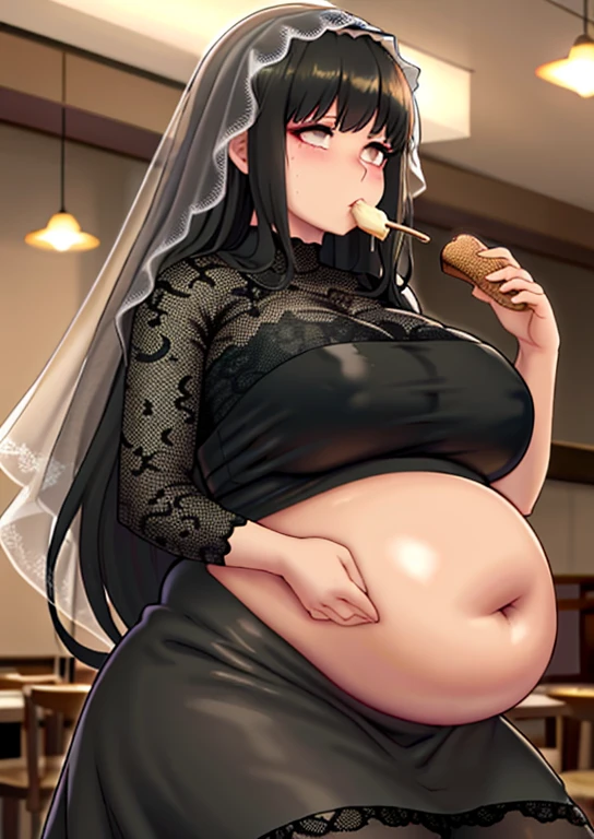 fat, big belly, chubby, osaragi, chubby, black lace dress, black veil, eating ice cream in a restaurant