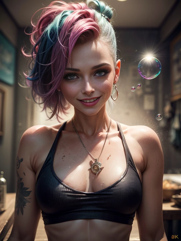 samdoesarts style drunken beautiful woman as delirium from sandman, (hallucinating colorful soap bubbles), by jeremy mann, by sandra chevrier, by dave mckean and richard avedon and maciej kuciara, punk rock, tank girl, high detailed, 8k