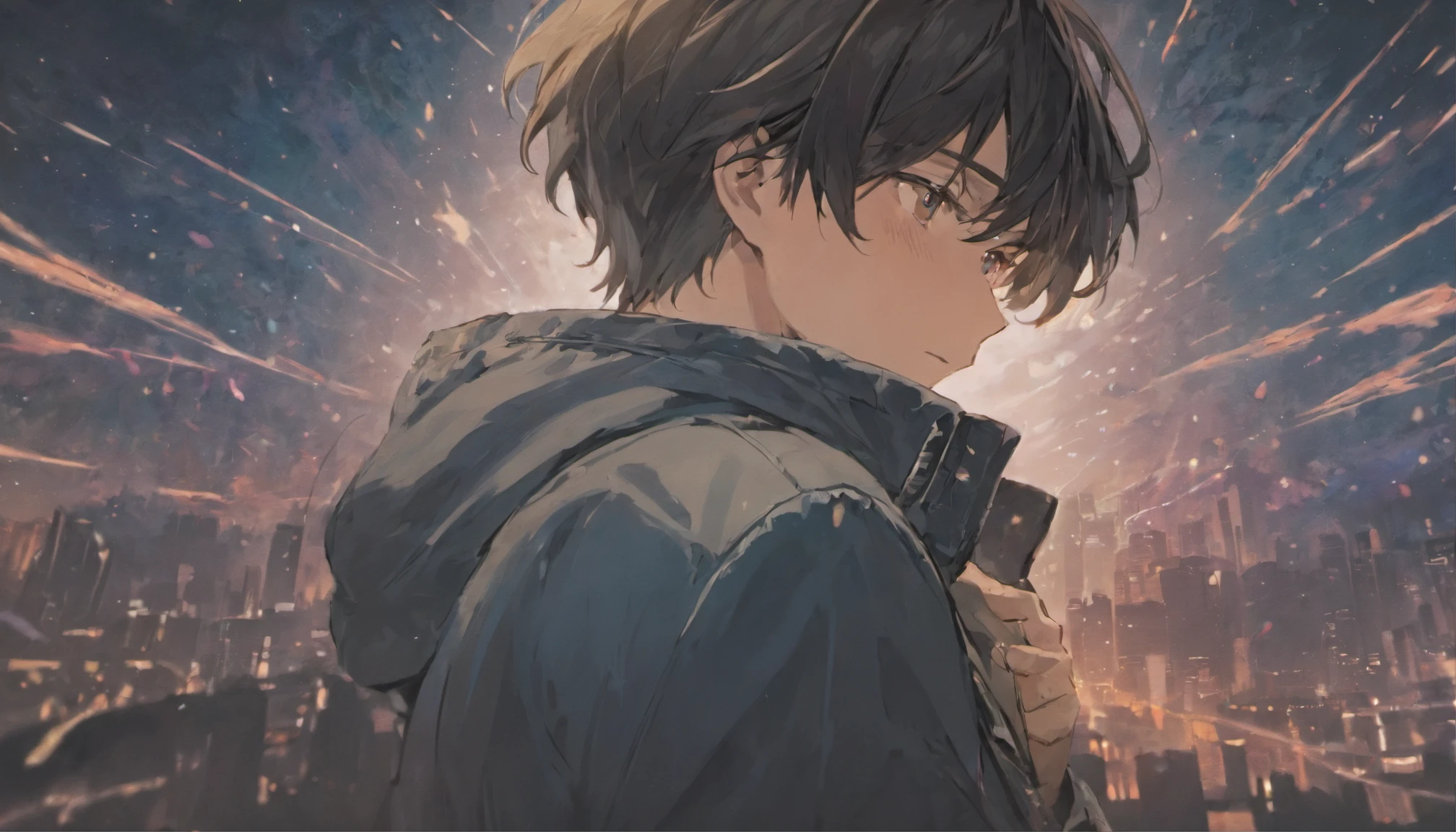 Dark-haired young man,is wearing  jacket,Pounding in the heart,i&#39;I&#39;m holding my chest with my hand,Mysterious atmosphere,cosmic sky,male people,