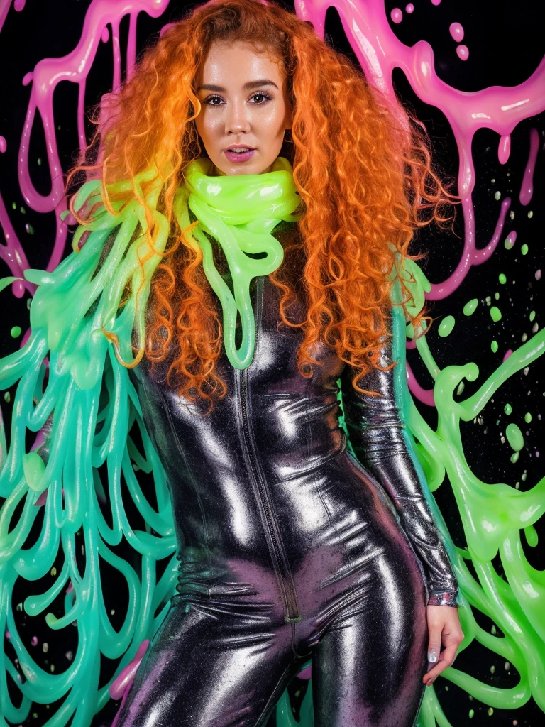 (full body shot, ultra-detailed, best quality, photorealistic:1.37, 4k, realistic, photography, jiggling female, curly redhead, dressed with slime, jelly, fluid, dense fluid, wet, neon lights, iconic pose, very dark, low key, detailed facial features, pink fog, vibrant colours, slime background, 35mm)