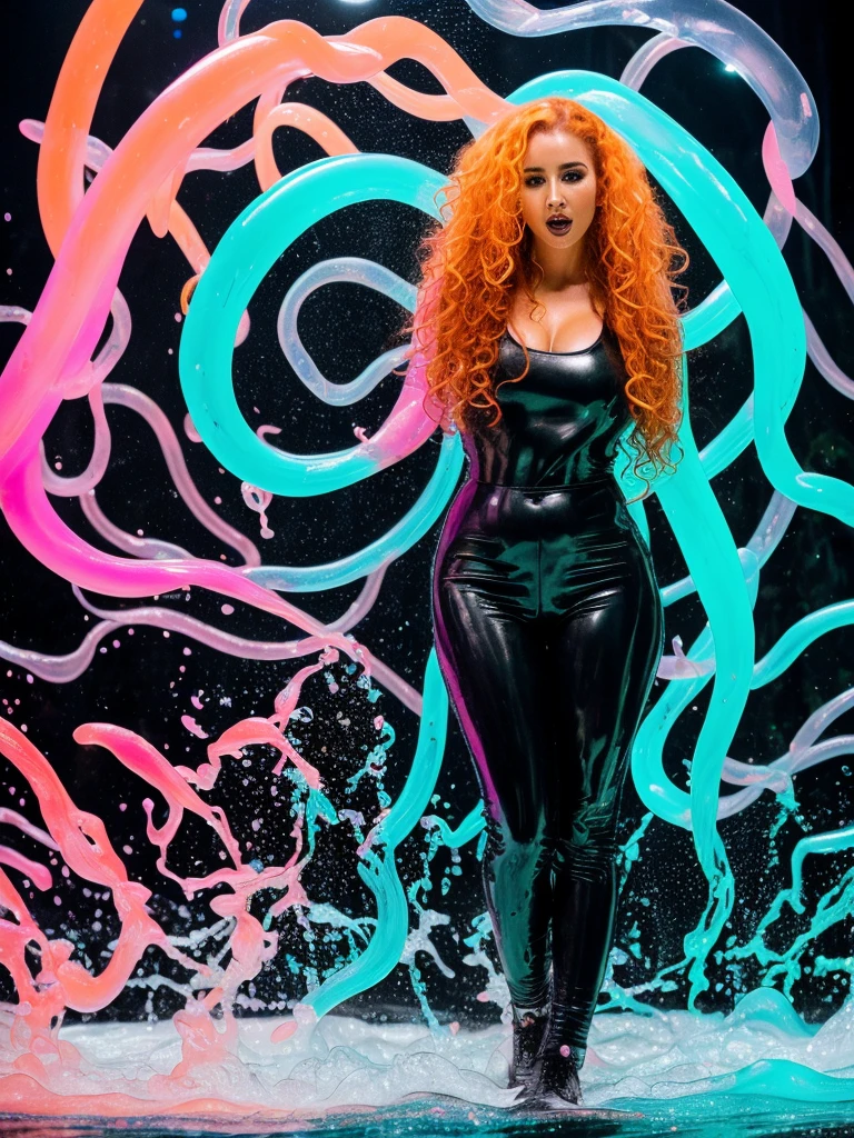 (full body shot, ultra-detailed, best quality, photorealistic:1.37, 4k, realistic, photography, jiggling female, curly redhead, dressed with slime, jelly, fluid, dense fluid, wet, neon lights, iconic pose, very dark, low key, detailed facial features, pink fog, vibrant colours, slime background, 35mm)