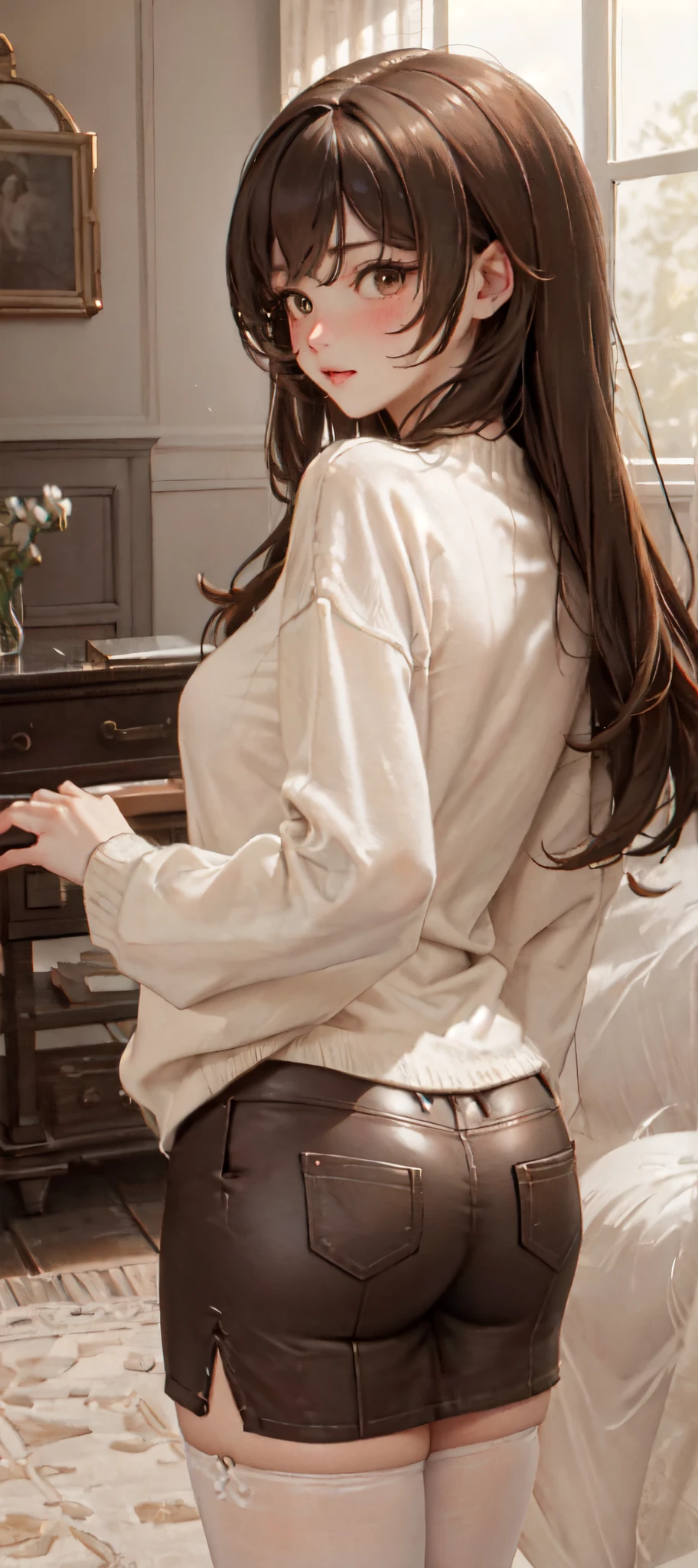 1lady standing, /(oversized sweater/) v-neck, mature female, /(brown hair/) bangs, blush, (masterpiece best quality:1.2) delicate illustration ultra-detailed, pantyhose BREAK /(modern house living room/) indoors, (((looking back))), (((sexy))), (((petite)))