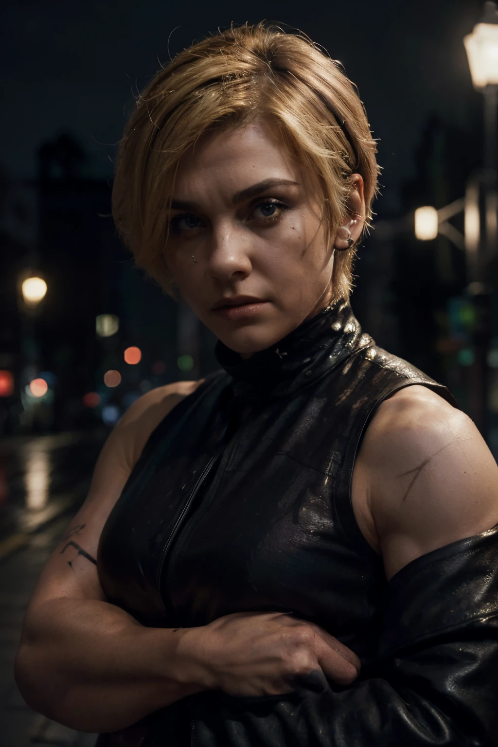 (extremely detailed 8k wallpaper), Dark Theme, Modern Horror, (((Large Arms))), (((Large shoulders))), (((Muscle))), (tall), uses (Black Jacket), fine focus, (subsurface dispersion:1.1), (Middle-aged woman), ((scars)), (Blonde short hair), dramatic lighting, expression ((serious)), On a street, at night.
