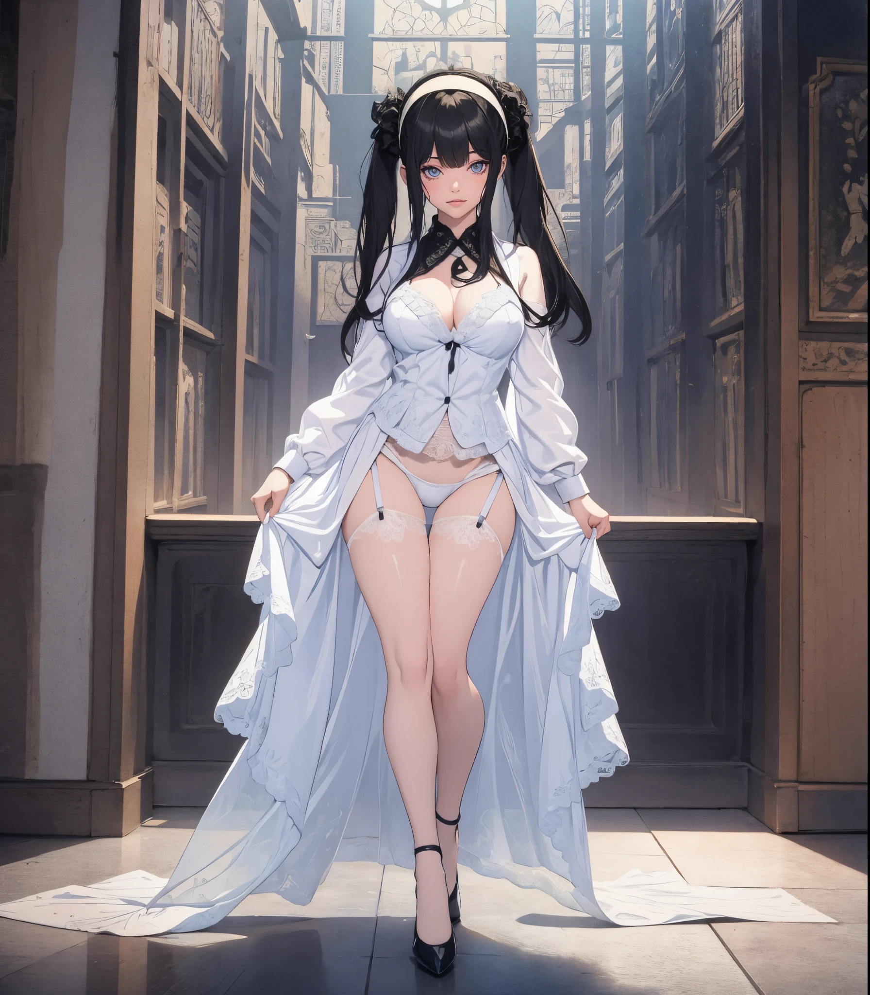 masterpiece, best quality, best illustration, HDR, beautiful details, intricate details, detailed scenery, dramatic light, best shadow, (full body), Yor_Briar, 1girl, twintails, sidelocks, black hair, white hairband, thighs, black high heels, ((intricate white lace lingerie)), (detailed beautiful eyes)