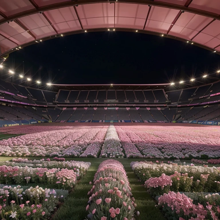 Candles and flowers are lit inside a soccer stadium Enjoy views of the city, rose pink lighting, field of flowers at night, Glowing flowers, Beautiful and aesthetic, Soft glow, lights with bloom, an aesthetic field of flowers, Luminous flowers, beautiful light up, rosette, soft light 4 k in pink, Romantic, Flower beds on the floor,