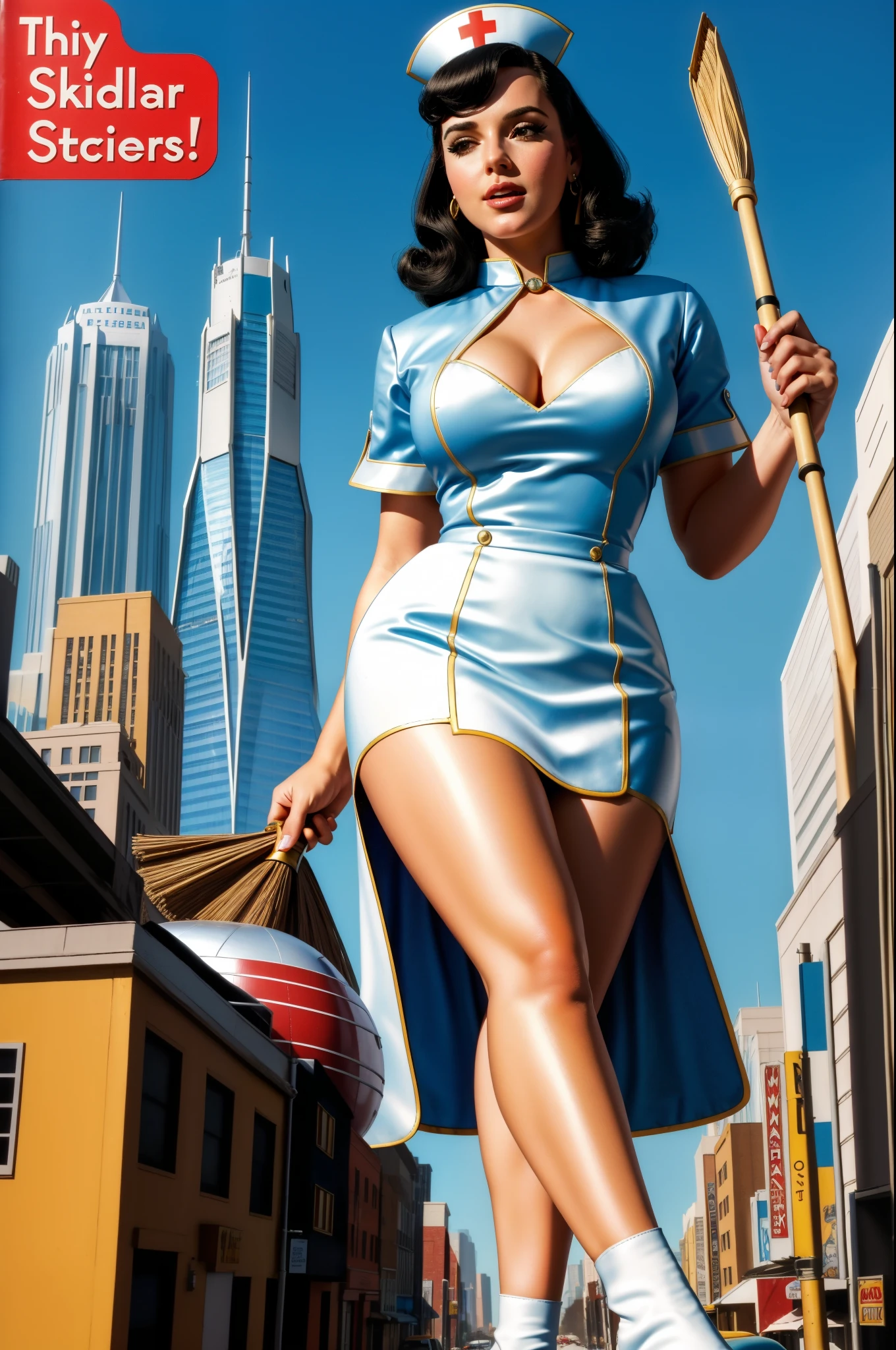 (Masterpiece, Best Quality), 8k Wallpaper, highly detailed, poster, vintage sci-fi film, 1960s, a magazine cover with sexy giant housewife destroying a tiny city with a broom, a portrait by Paul Kane, cinematic movie poster, perfect face, Attack of the 50 foot woman, giant woman, tiny city, lines, abstract, mid century modern, movie poster, vintage, white nurse uniform, stiletto high heel shoes, tiny destroyed skyscrapers city by a broom, retrofuturism, pulp sci fi, pulp sci-fi, 60's pulp illustration, scifi pulp, pulp book cover art, pulp scifi, old retro pulp comic cover, pulp science fiction, pulp scifi illustration, vintage scifi, skyscrapers sized under her knee