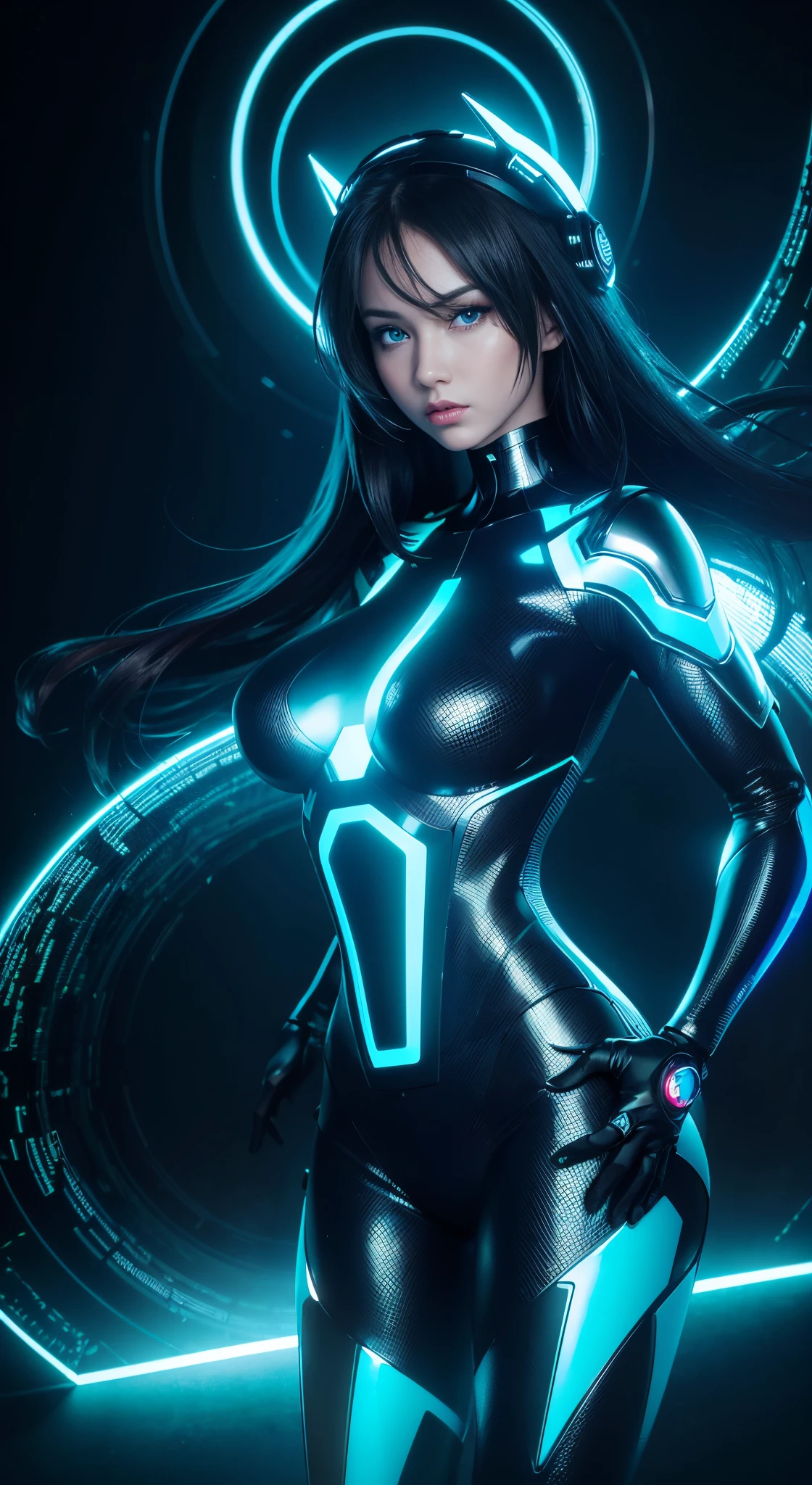 (best quality,4k,8k,highres,masterpiece:1.2),ultra-detailed,(realistic,photorealistic,photo-realistic:1.37),futuristic female cyborg,portrait style,metallic material,glowing blue eyes,sharp facial features,fierce expression,mechanical body parts,digitally enhanced long hair,futuristic armor,high-tech visor,powerful and confident stance,dystopian background,neon lights,colorful holographic projections,sci-fi lighting