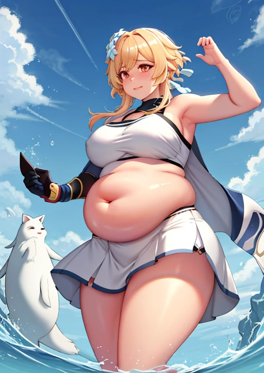 fat, big, belly, overweight, lumine genshin impact