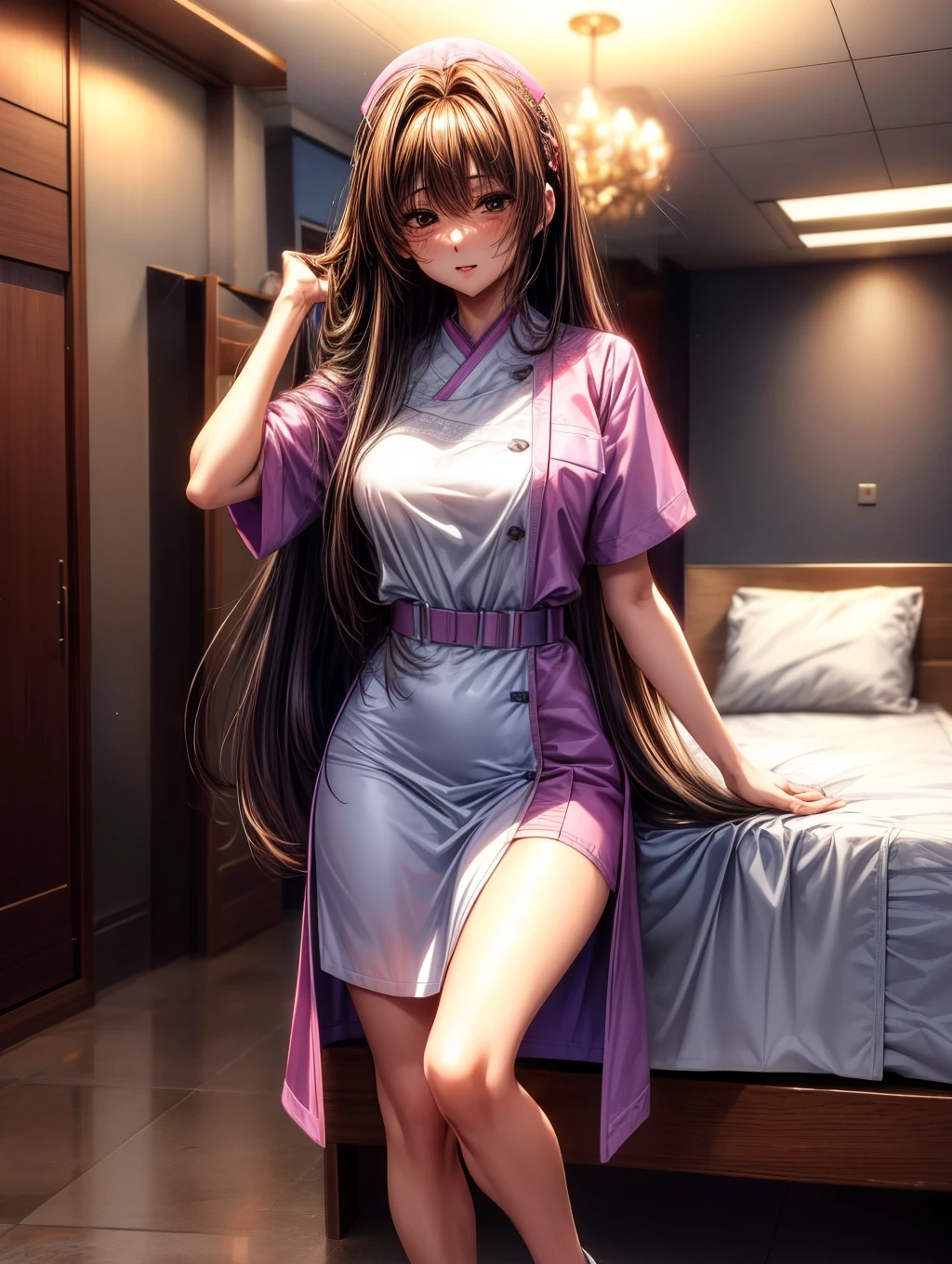 kurohime yuhi, (masterpiece:1.2), (Best quality at best:1.2), perfect  eyes, s the perfect face, 1 Girl, Alone, Straight hair，full body view, hi-res, 8K, Best Quality, large breast，beautiful girl，Beautiful face、dark brown haired、small brown eyes、Long Hair、18 years old，sexy pose，nurse costume，hospital background