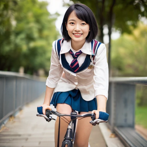 NSFW,1beautiful girl, Beautiful students,(Riding a bicycle:1.5）, (Slender body:1.2), Realistic, ighly detailed, High-definition raw color photos, professional photograpy, Realistic portrait, Cinematic Light,(Black hair short hair -:1.3), (small tits:1,2), (cleavage of the breast:1.2), (girl wearing a sailor :1.5),(Color bra:1.2), (Black pleated skirt）、(Outstanding smile:1.4),, (Best Quality:1.4), Super Detail, High quality,(long, Slender legs:1.3),(fully body photo:1.3）、Riding a bicycle、Black shoes、The tree、Walkway、wheels、the ground