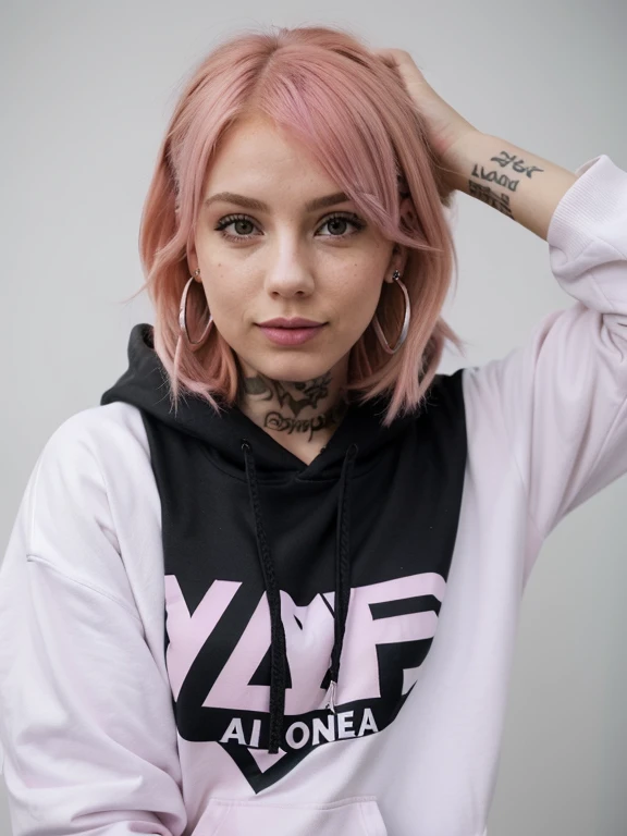 1girl, pink_hair, , earrings, lips, looking_at_viewer,, solo, tied_hoodie, full_body, black_hoodie,tattoo,smiling, white girl, egirl